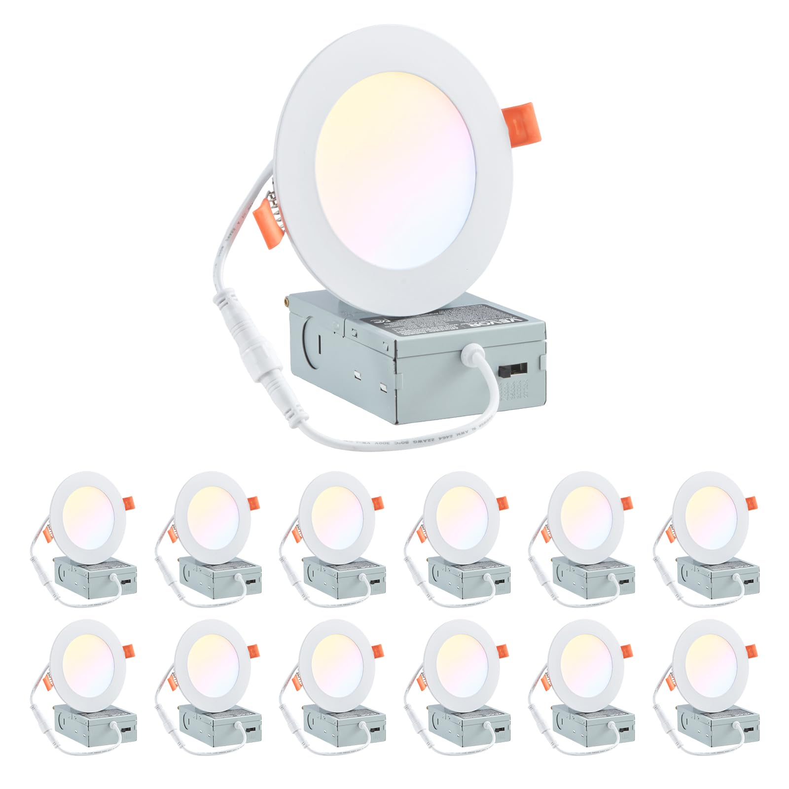 VEVOR 12 Pack 4 Inch LED Recessed Ceiling Light, 5CCT, Ultra-Thin Canless Wafer Downlight with Junction Box, 2700K/3000K/3500K/4