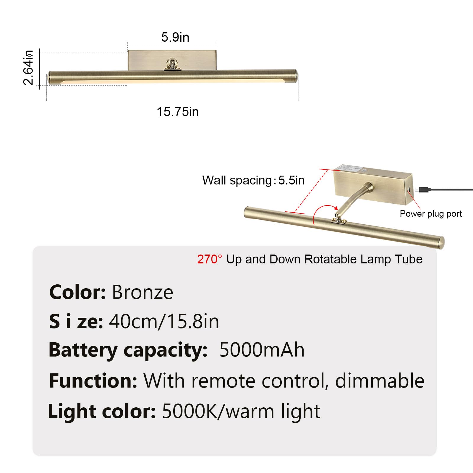 Kiloeye Battery Operated Picture Light with Remote, 16'' Bronze Iron, Model 7116, Dimmable for Artwork and Gallery Display