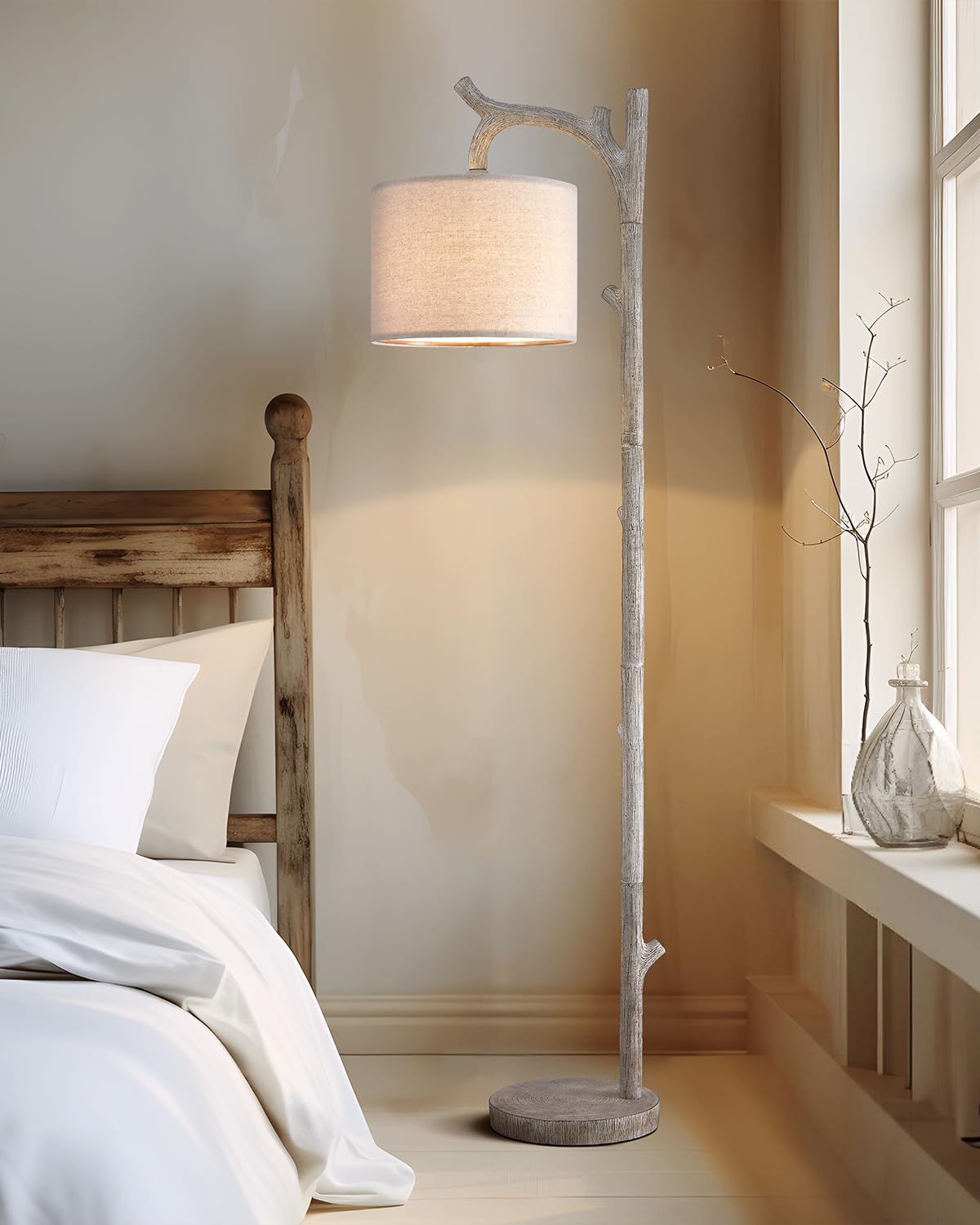 OYEARS Rustic Floor Lamp - 61.25in Vintage Tree Trunk Design, Washed White Resin, Model AMZ-F1159RS, Ideal for Bedroom or Living Room