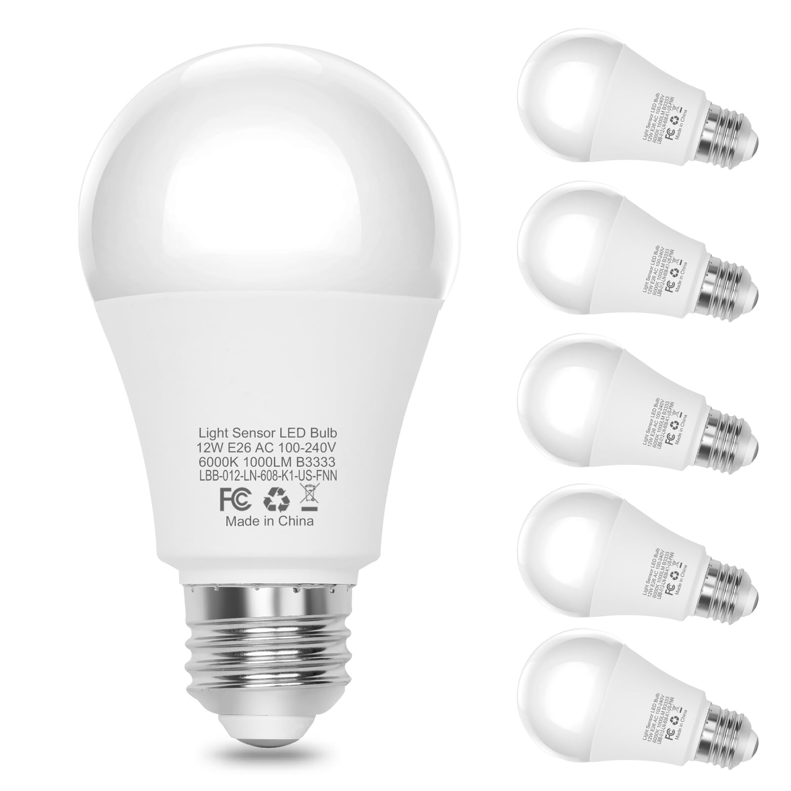 Boxlood Dusk to Dawn LED Outdoor Light Bulb, 12W Supper Bright A19 Dusk to Dawn Light Bulbs, Auto on/Off Photocell Automatic for Indoor Outdoor, 6000K, 6 Pack