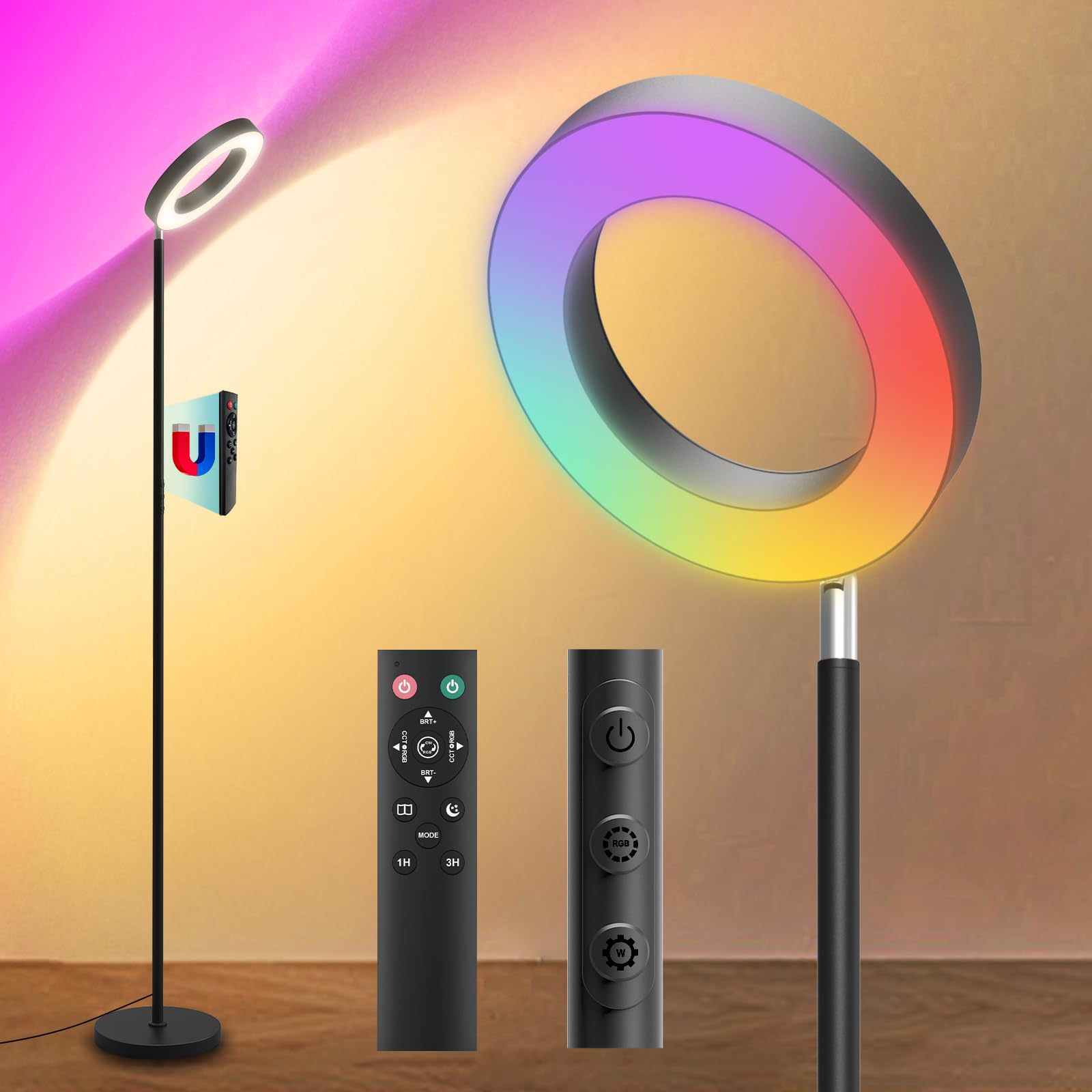 [2025 New]42W Dual-Sided Floor Lamp, RGB Color Changing LED Standing Lamp with Remote, Stepless Dimmabe Warm/Neutral/Cool Floor 
