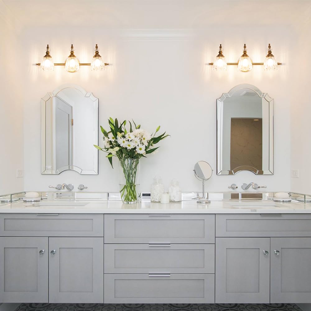 Ditoon Brushed Gold Bathroom Vanity Light, 3 Light Fixture, Flower Glass Shade, Model DX230004V