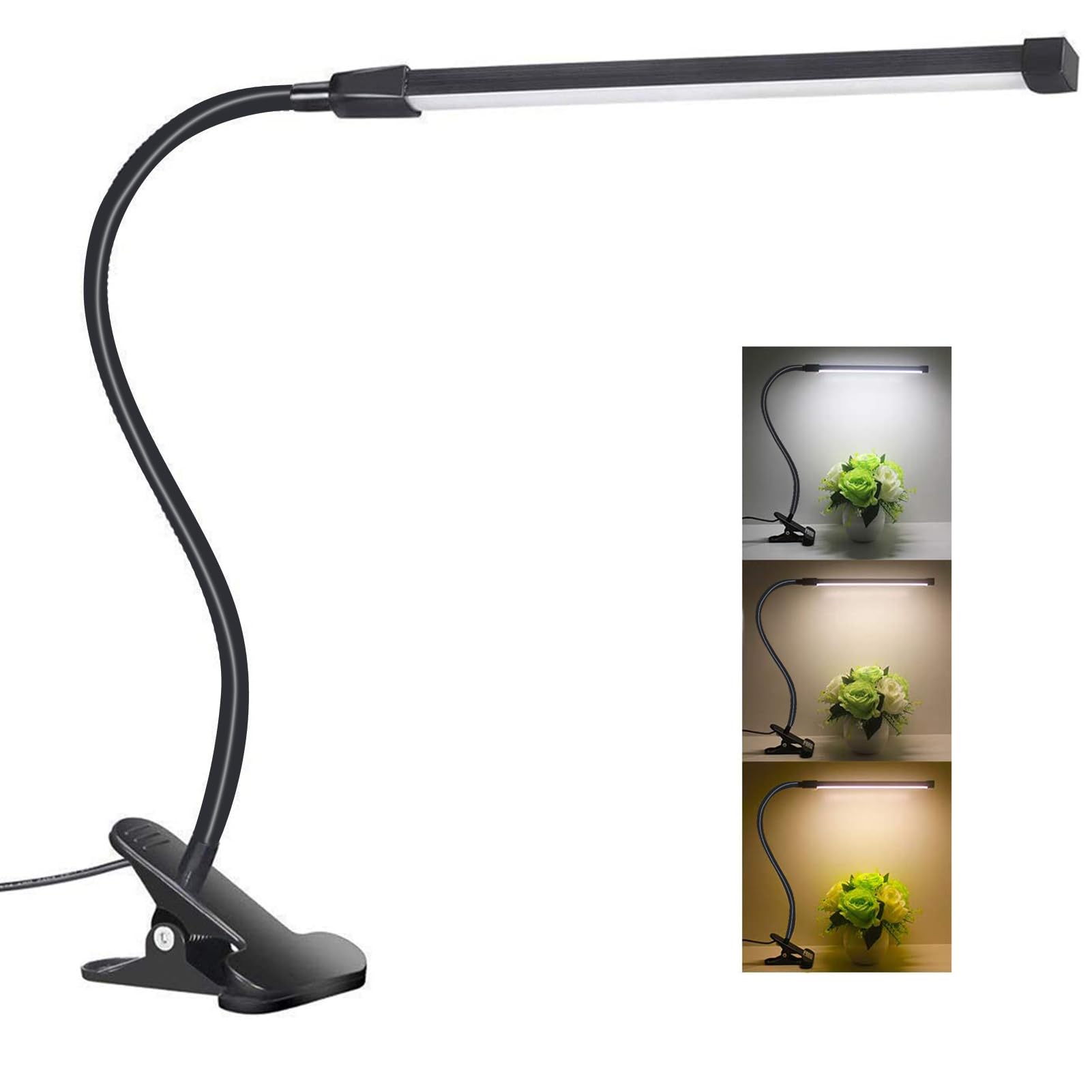 VagaryLight Clip On Desk Lamp, 3 Color Modes, 10 Brightness Levels, Small, Black, Model DLDL8, Gooseneck, Dimmable for Reading and
