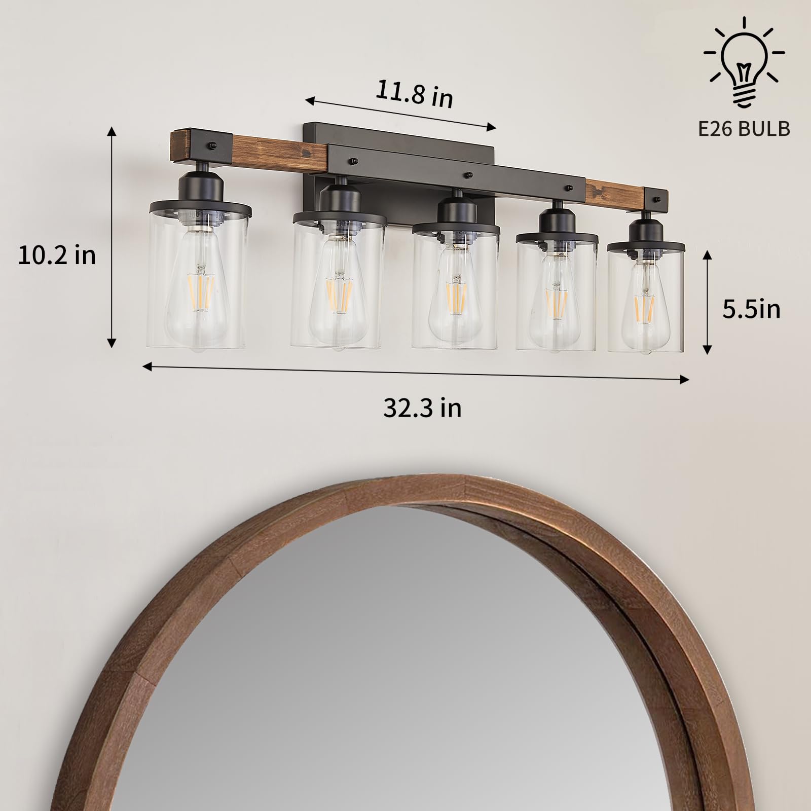 Feohak 5-Light Bathroom Vanity Light Fixtures, Farmhouse Vanity Lights For Bathroom, Rustic Industrial Vintage Black Wood Wall S