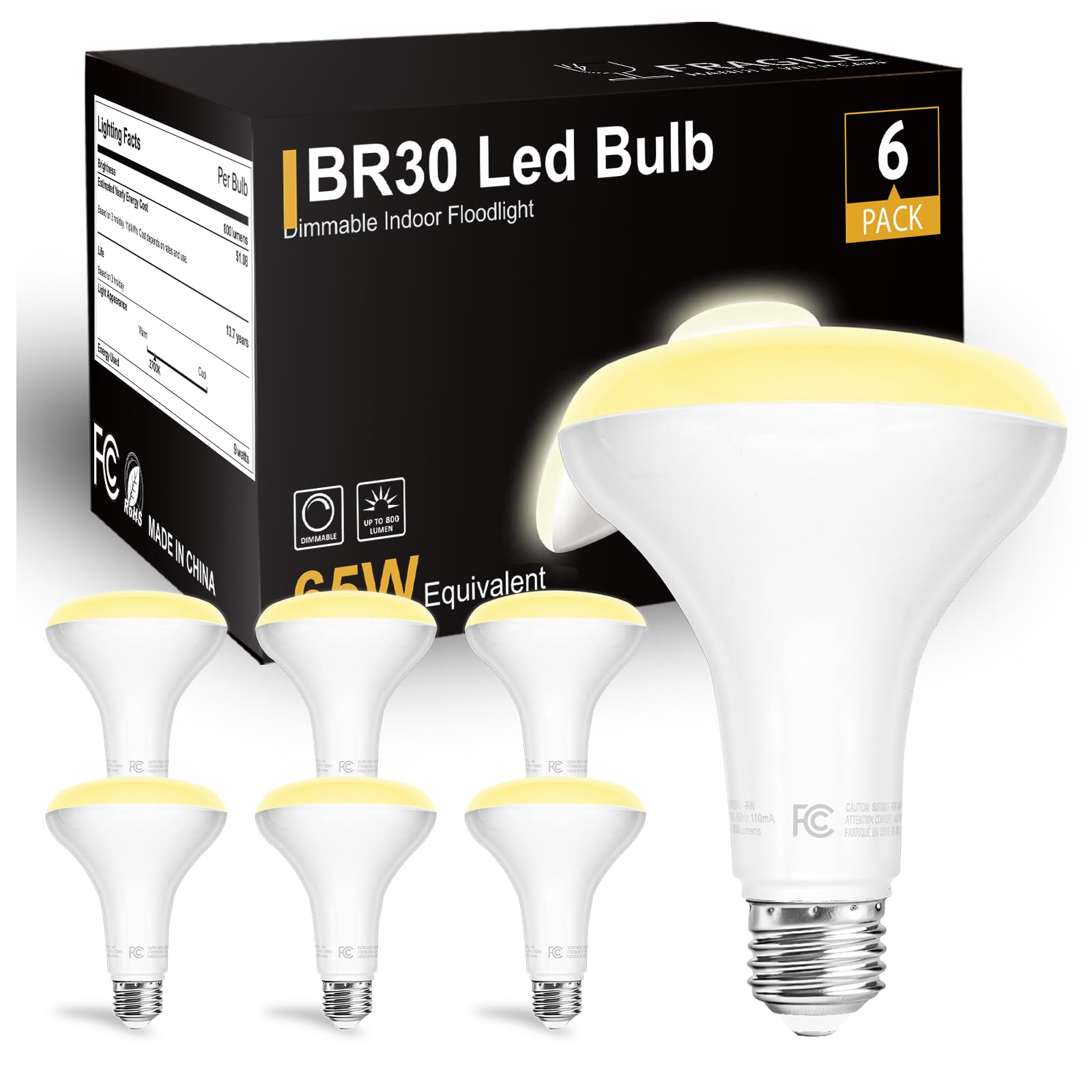 Dalattin 6 Pack Br30 Led Bulbs 65W Equivalent, Dimmable Indoor Flood Lights 2700K Soft White, 9W, 800 Lumens, E26 Base, Led Rece