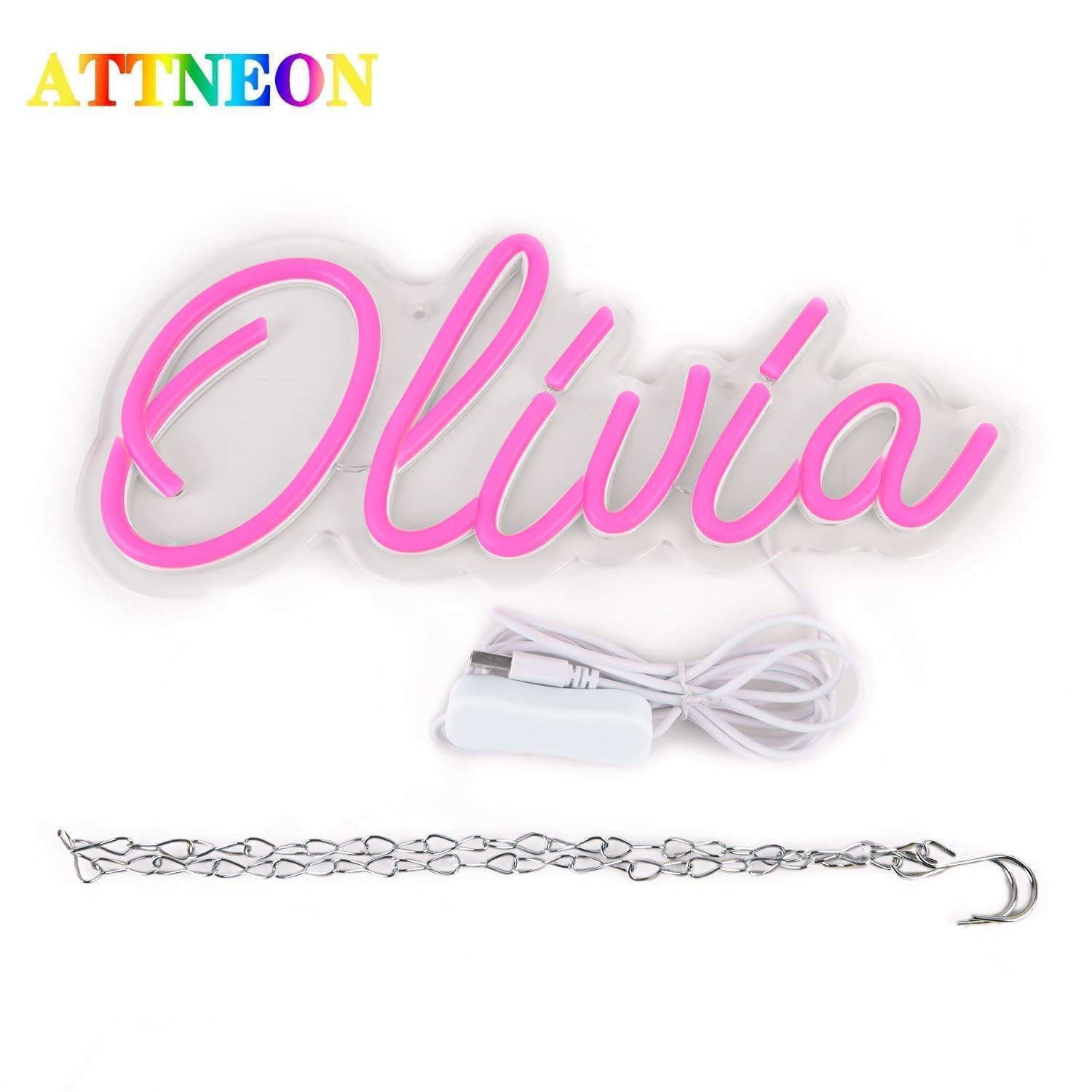 attneon Olivia Name Neon Sign - Custom LED Light for Kids Bedroom, 11.8x5.1 in, Pink, Model JTLD400