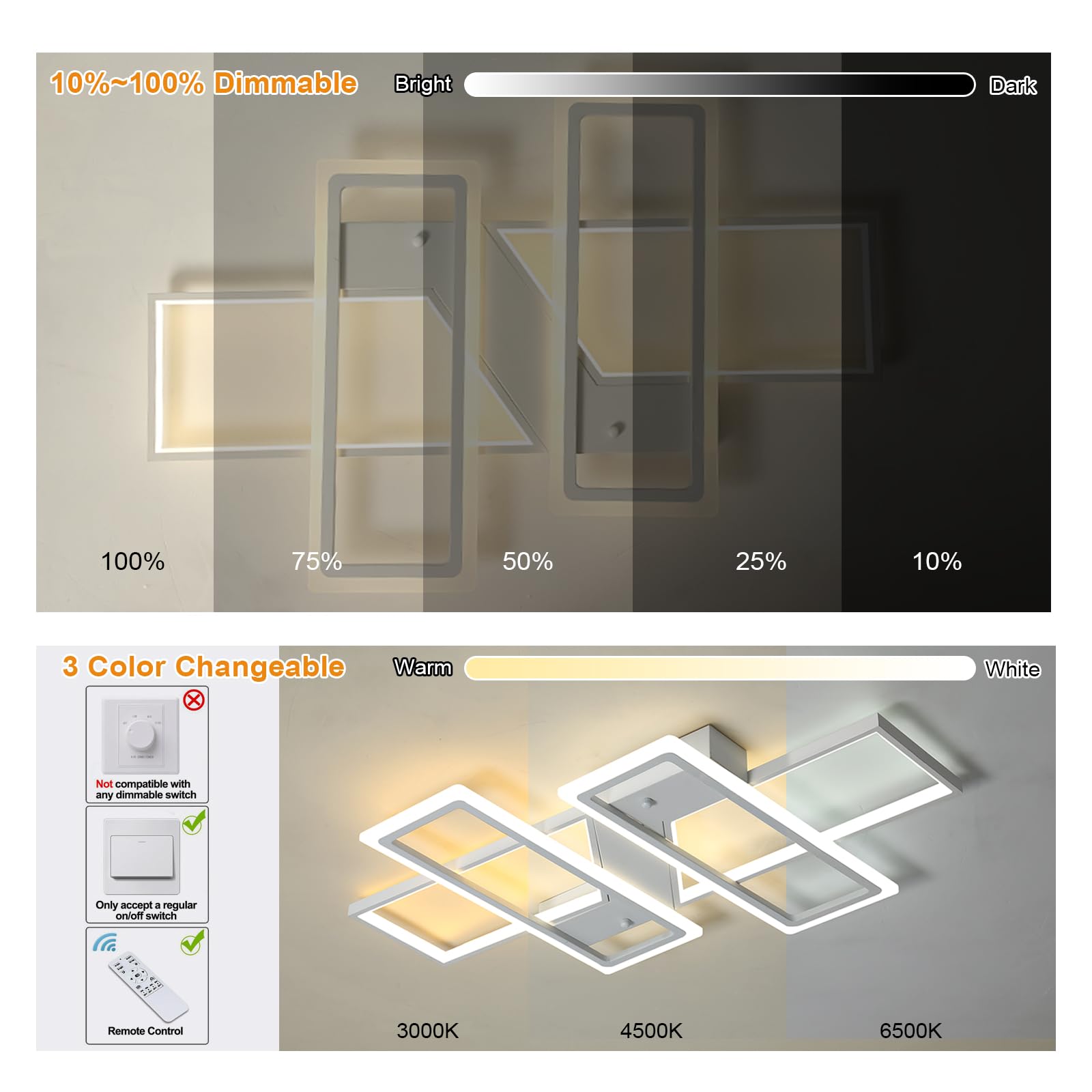 Jaycomey Dimmable Ceiling Light,4 Squares Modern Led Ceiling Lamps With Remote Control,80W Acrylic Flush Mount Ceiling Light Fix