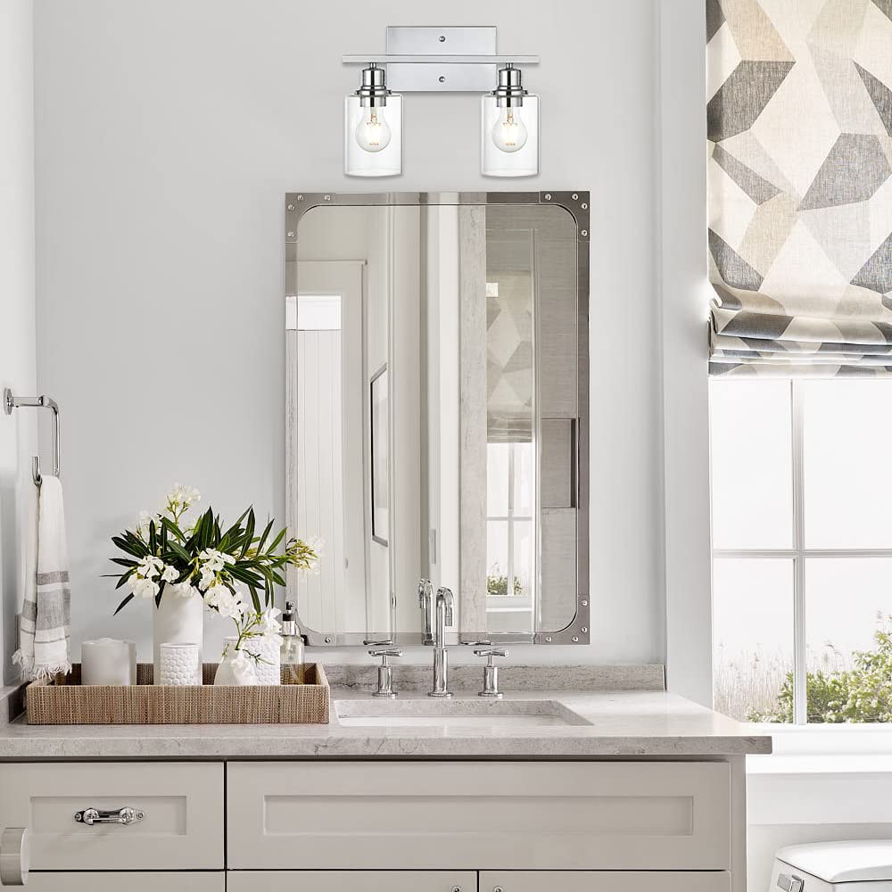 VINLUZ Bathroom Light Fixture, 2 Light Industrial Wall Sconce, Chrome Finish, Clear Glass Shade, Metal Vanity Lighting Over Mirror