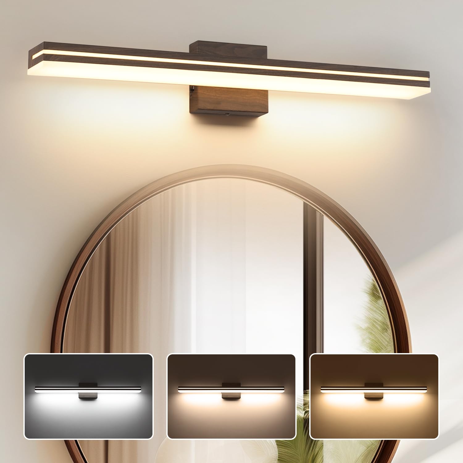 SineRise LED Bathroom Vanity Light Fixture, 32-Inch, Dimmable, Brown Wood & Acrylic, Model: af7ca732