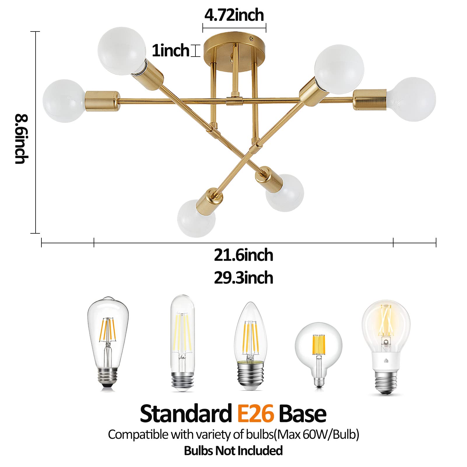 Yxth Gold 6-Light Semi Flush Mount Ceiling Light Fixture, Modern Sputnik Chandelier For Home