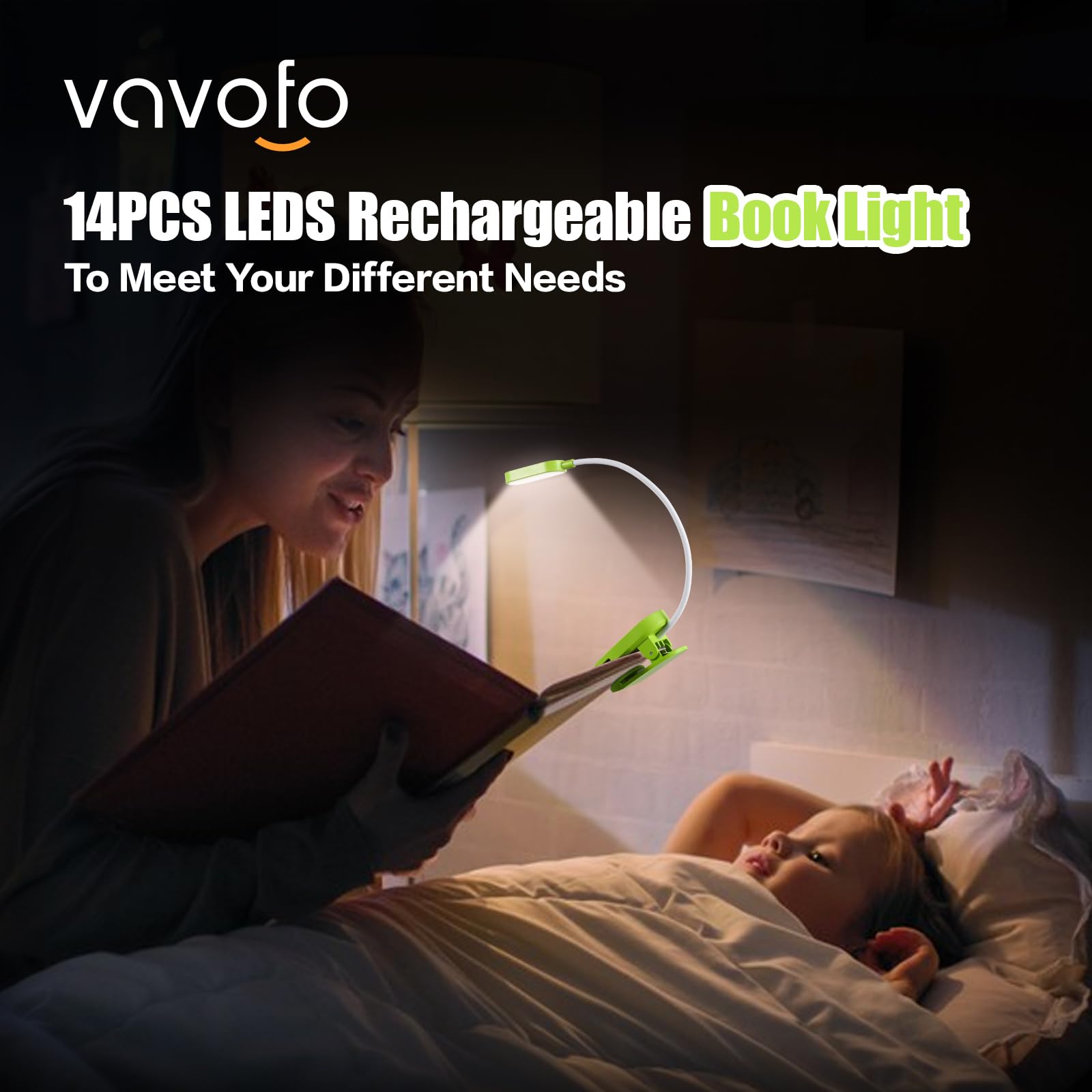 VAVOFO Rechargeable Book Light, 14 LEDs, Clip On, Eye Care, 9 Colors, 9 Brightness Levels, Green, Model KM-6775