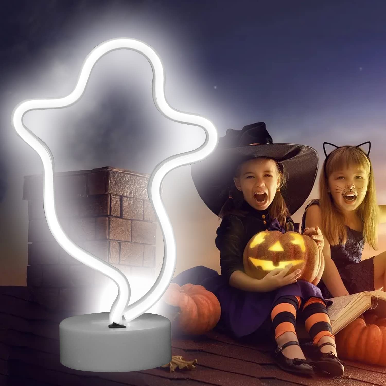 Vicila Ghost Neon Light Sign, LED Halloween Decoration, White, Plastic, with Holder Base