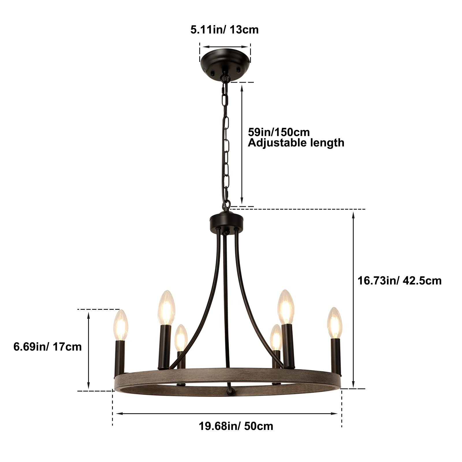 Wbindx 20'' Wagon Wheel Chandelier, 6-Light Metal Farmhouse Chandelier Rustic Faux Wood Black Round Chandeliers For Dining Room Kitchen Island Living Room Entryway Foyer Lighting
