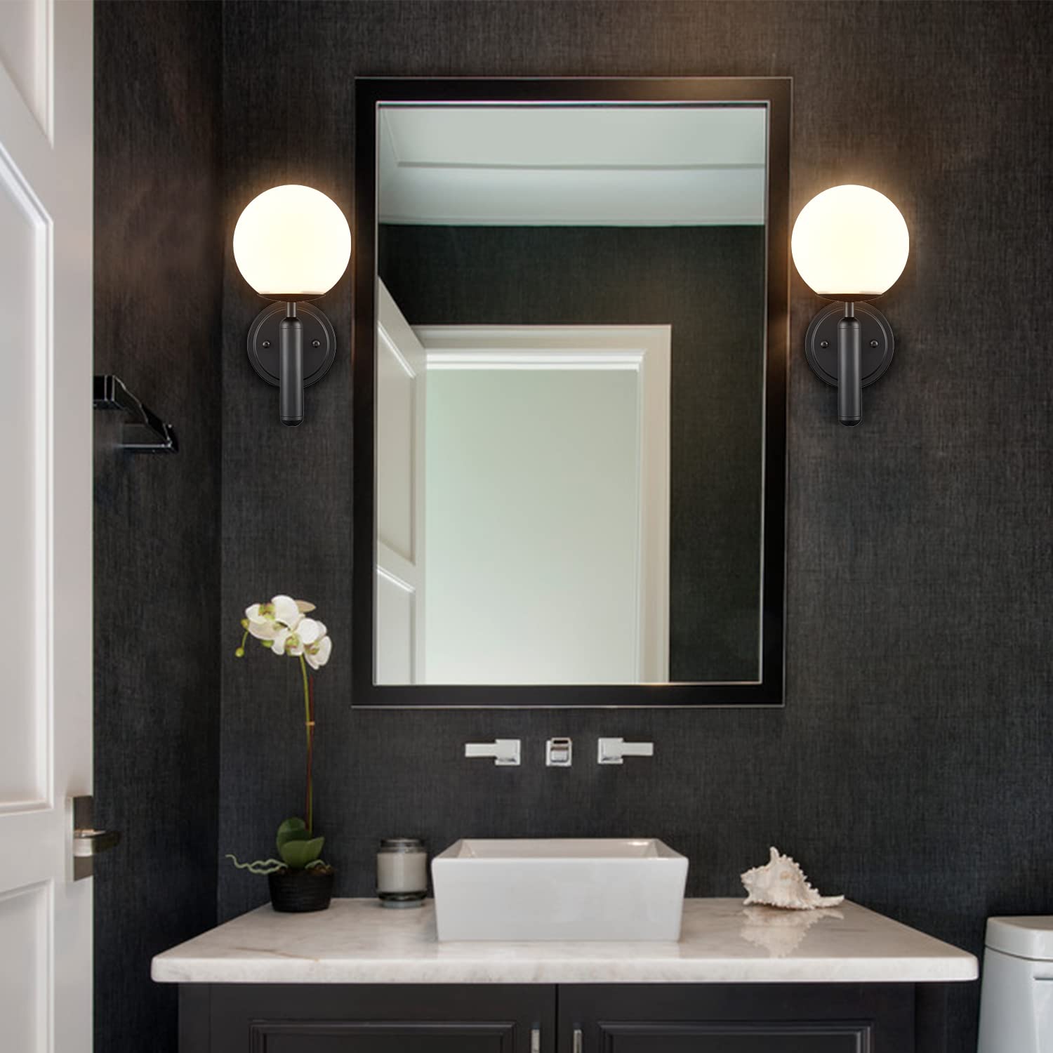 Diryzon Modern Globe Wall Light Fixture Set Of 2 Black Wall Sconces Bathroom Vanity Light With Opal Glass Shade For Living Room