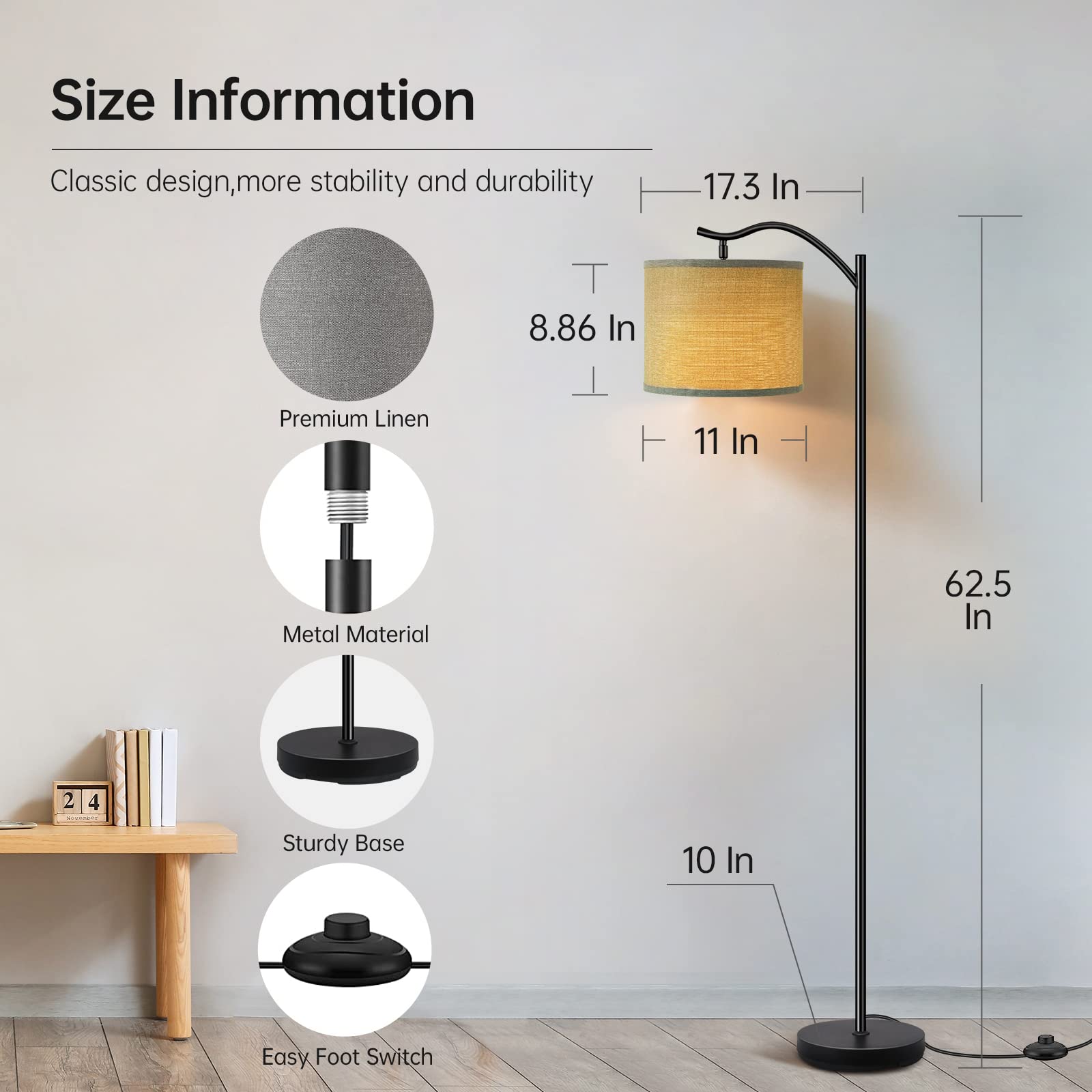 BoostArea Arched Floor Lamp - 15W LED, 3 Brightness Levels, Metal, Gray Linen Shade, Mid Century Design for Living Room and Office