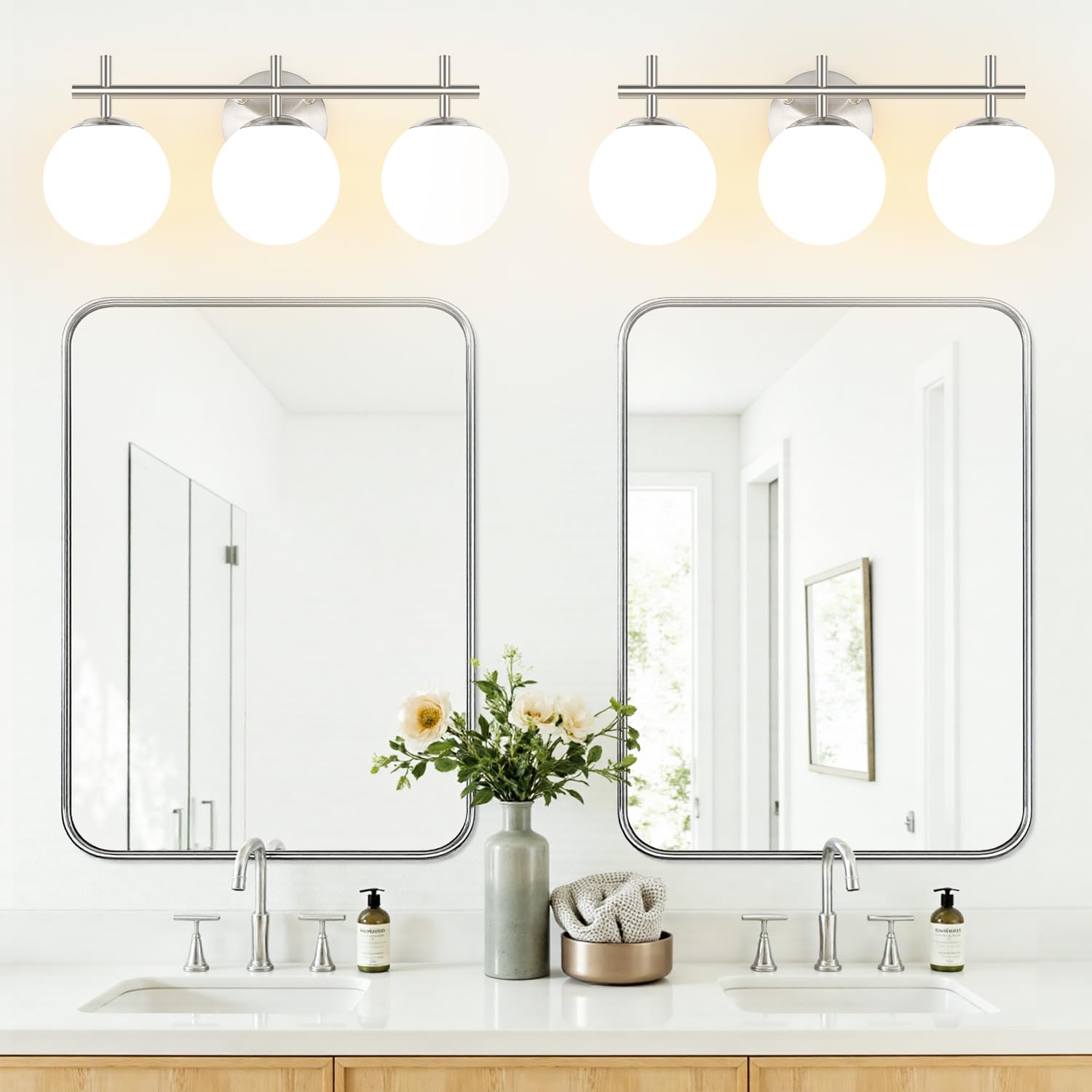 3-Light Bathroom Light Fixtures  Brushed Nickel Vanity Lights For Bathroom With Milky White Ball Shades  18.9 Inch Bathroom Lighting Fixtures Over Mirror  Wall Sconce For Bedroom (Bulb Not Included)