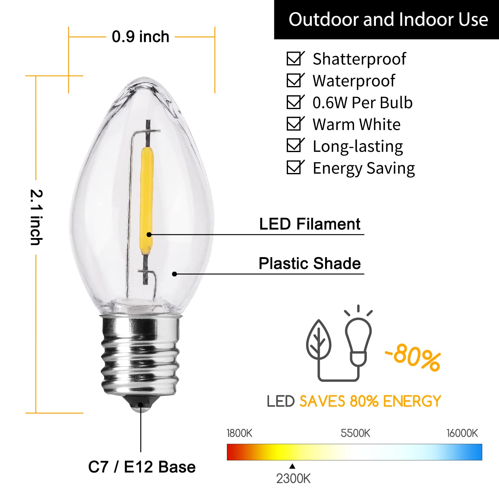 Minetom C7 LED Light Bulb, Warm White, Acrylic, 0.6W, 25 Count, E12 Candelabra Base, Vintage Replacement for Indoor/Outdoor Use