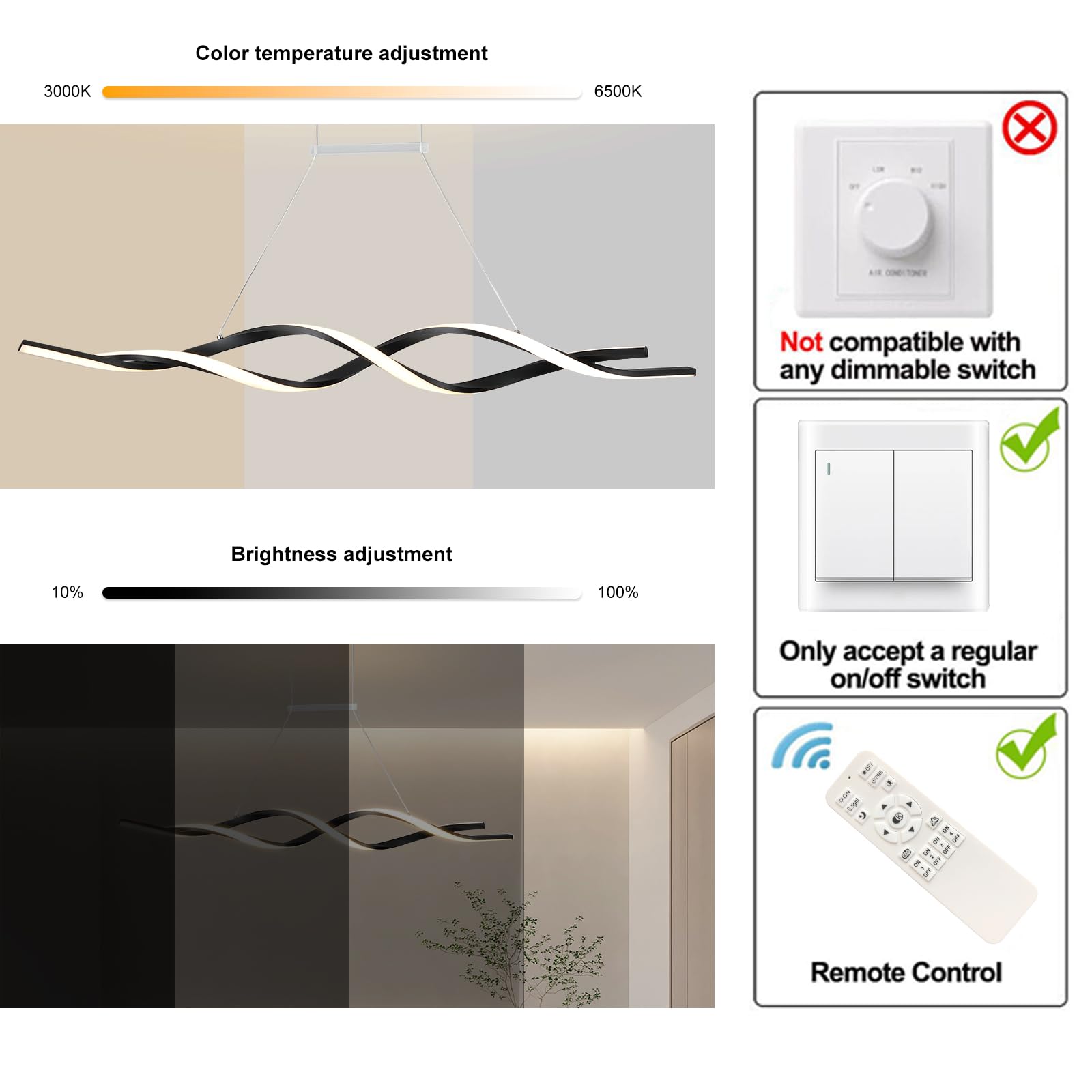 Jaycomey Dimmable Led Chandelier, Acrylic Wave Light With Remote, 28W, Black, 3000K-600