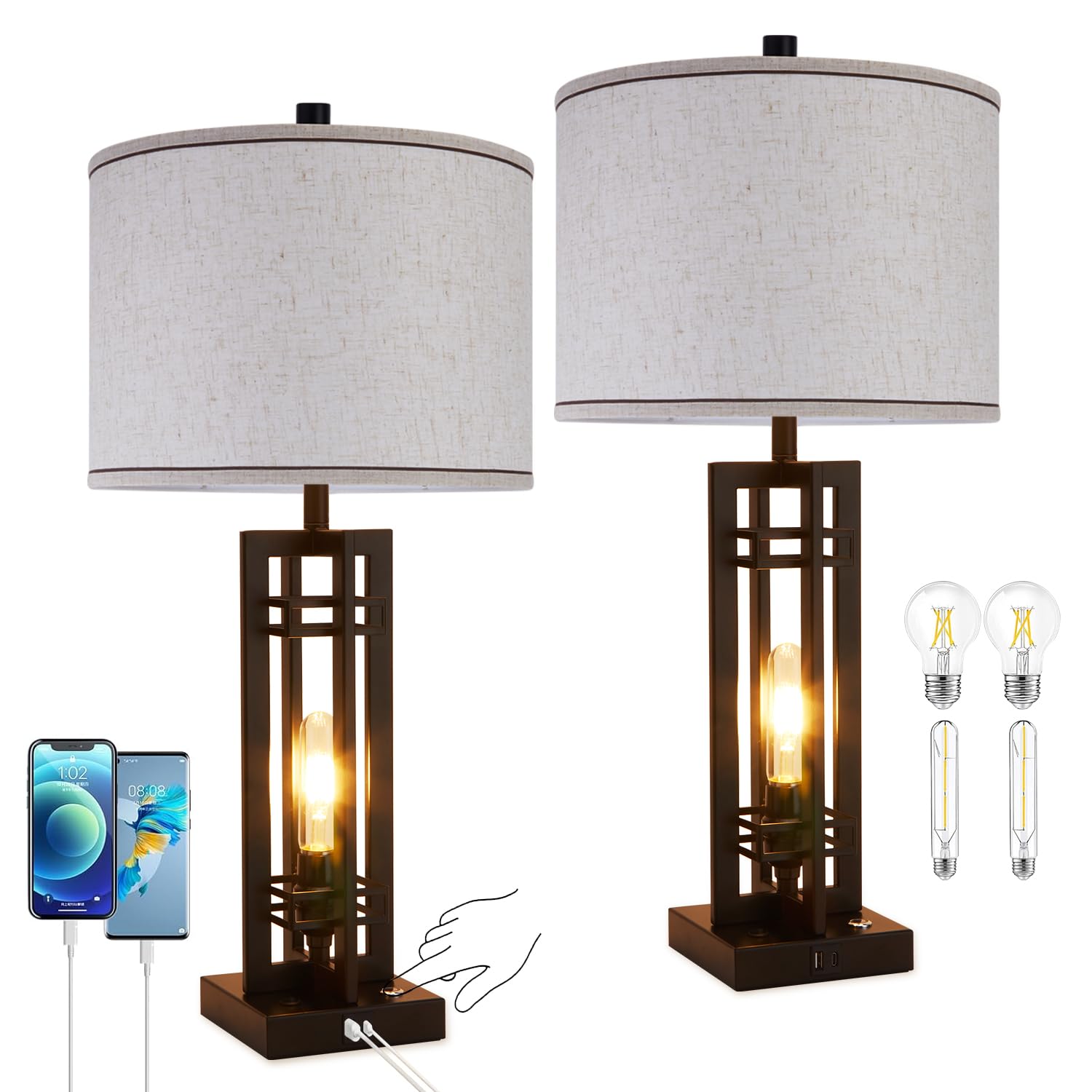 Vikdio 27 Touch Control Farmhouse Table Lamps, Set of 2 Tall Rustic Table Lamps 2-Light Design with USB A+C Ports, Bedside Lamps