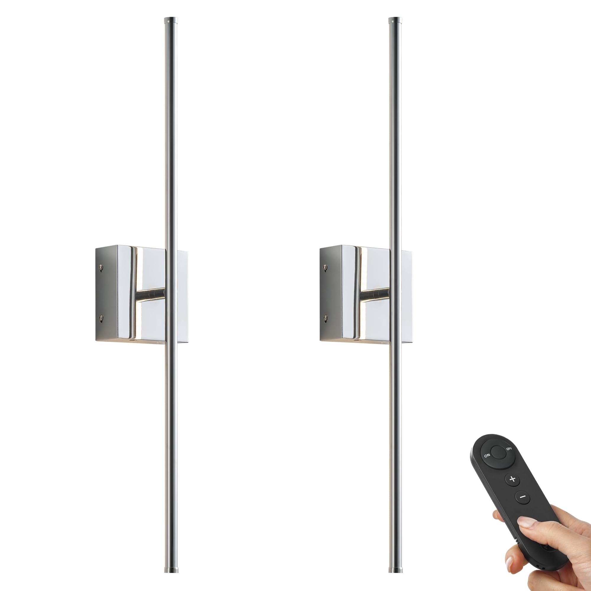 KARTOOSH Wall Sconces, Battery Operated, Dimmable, 350° Rotate, 28.3 Inch, Chrome, Model ZM210BCM, Set of Two