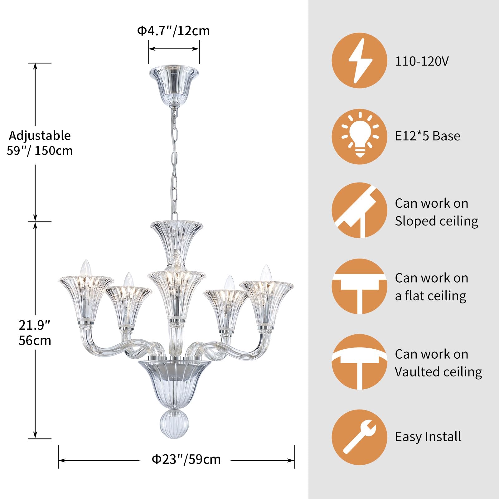 SM Saint Mossi 5-Light Crystal Chandelier, Modern Pendant Light Fixture, D19xW19xH23, Clear Glass, E12 Socket