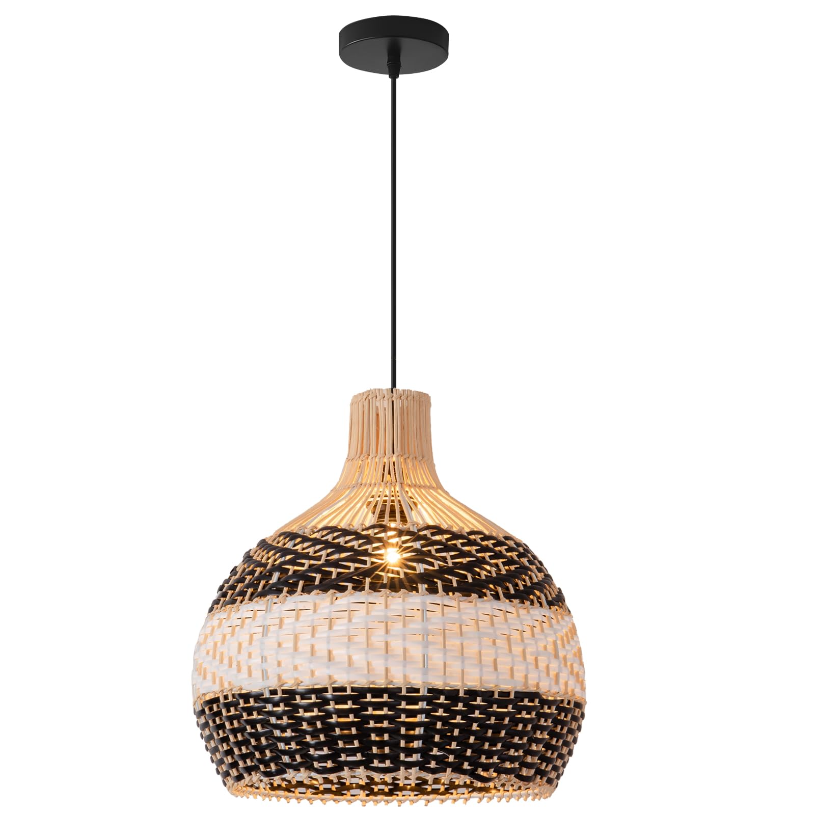 Teru Ji Kaikang 3-Lightrattan Pendant Light,15" Hand-Woven Black White Faux Rattan Hanging Light Boho Basket Wicker Chandelier,For Living Room Bedroom Kitchen Dining Hallway