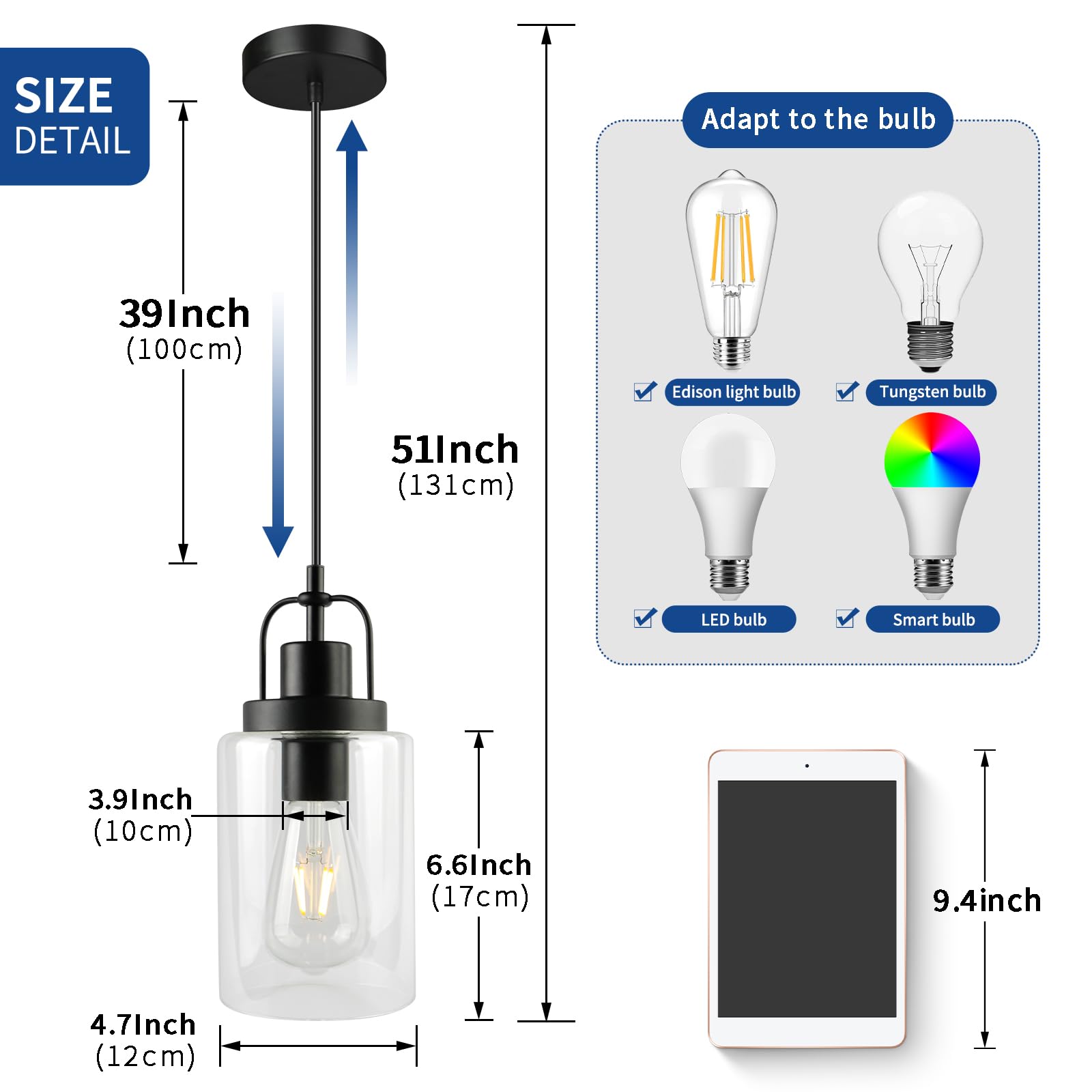 Seable Pendant Light Kitchen Island 3 Pack, Modern Hanging Light Fixtures With Clear Glass Shade, Black Pendant Lighting For Kit