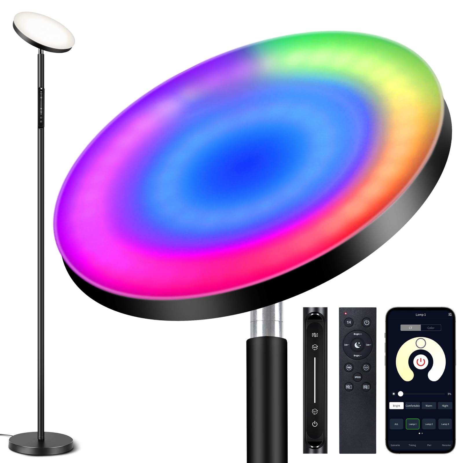 OUTON Smart RGB Floor Lamp, 36W LED Modern Torchiere Sky Lamp, Super Bright Stepless Dimmable Standing Tall Lamp with APP, Remot