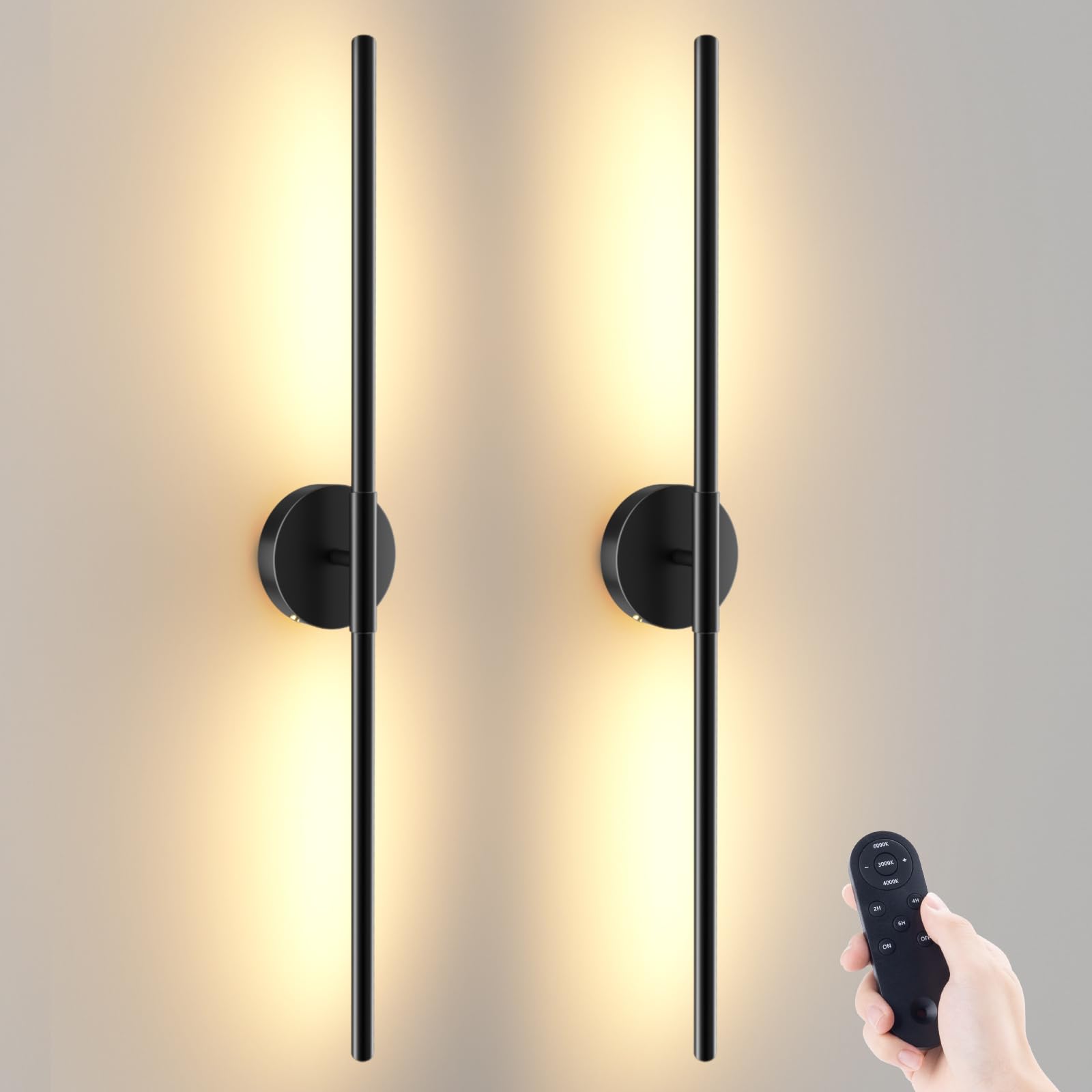 JOFIOS Battery Operated Wall Sconces Set of 2, 360° Rotation, Dimmable Wireless Lights, 27.6 Inch, Black, Model JFS61244