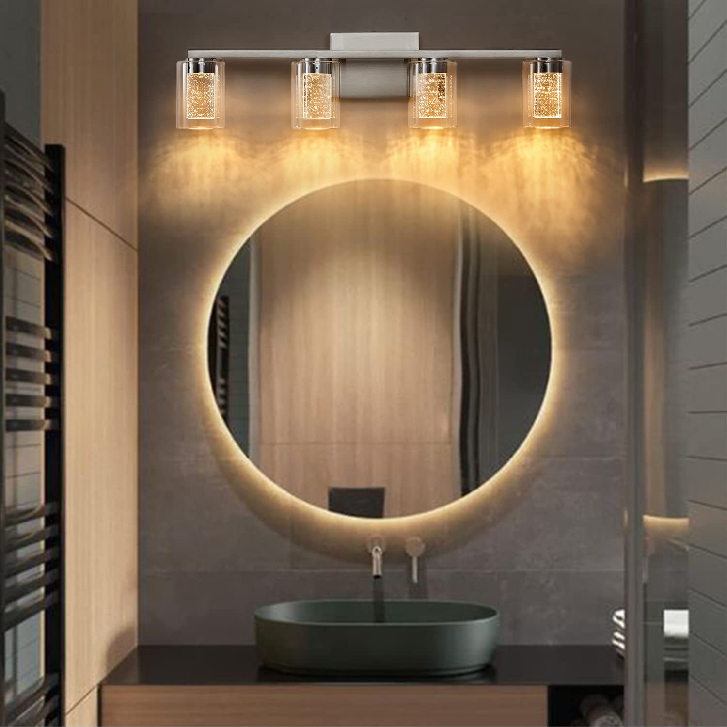 Stambord Bathroom Light Fixtures, 4 Light Brushed Nickel Vanity Light, Dimmable with Crystal Bubble Glass, Model B90-04-SB