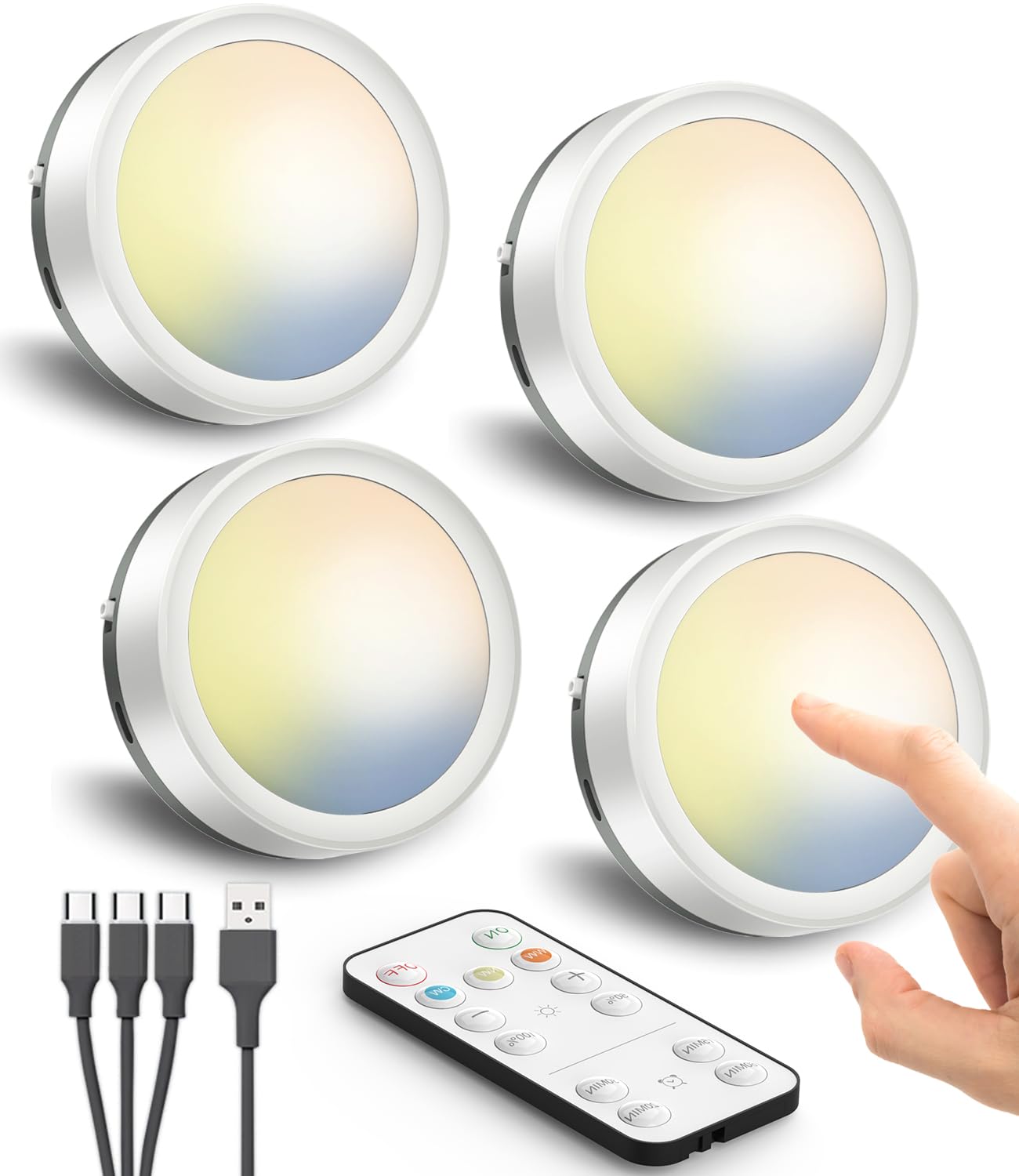 Usb Rechargeable Puck Lights With Remote, 1600Mah Battery Operated Push Lights Stick On Magnetic Tap Light For Closet Wireless Led Kitchen Under Cabinet Light Shelf Press Button Light Wall Touch Light