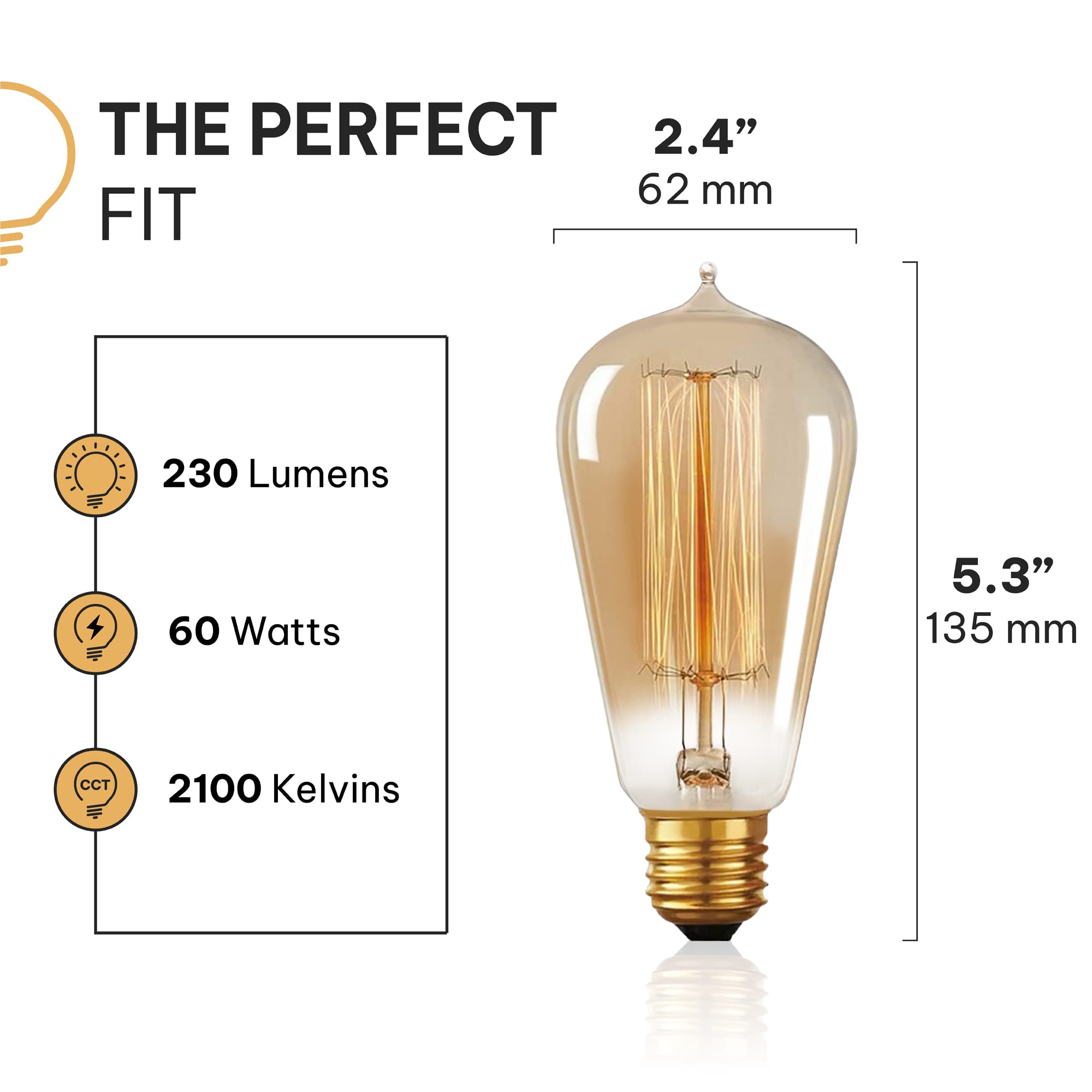 Vintage Incandescent Edison Light Bulbs 60W (4 Pack)- E26/E27 Base 2100K Dimmable Decorative Lightbulbs - St58 Style Amber Warm