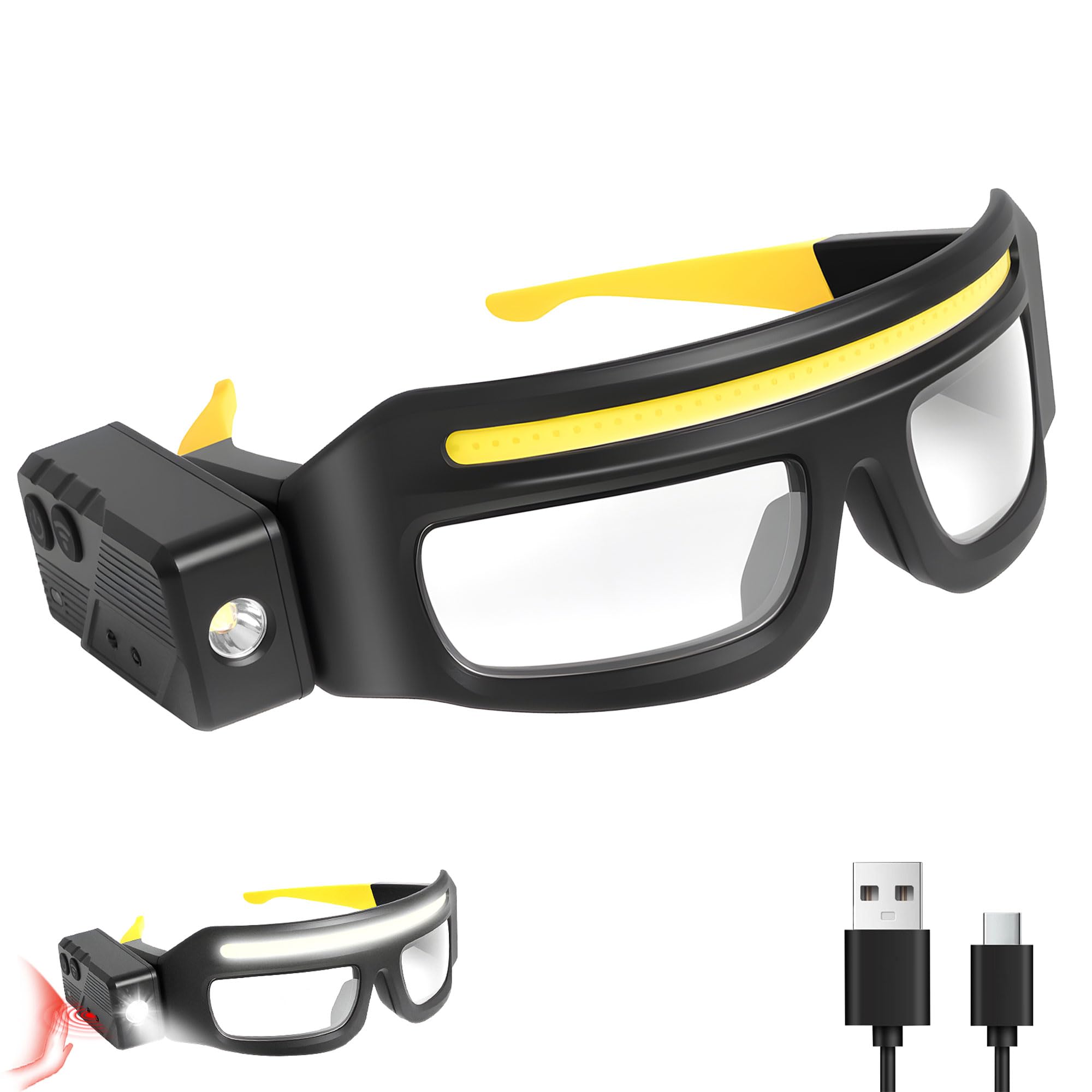 JORMIX LED Rechargeable Headlight Glasses with Motion Sensor & Touch Control 5 Modes USB C Light Up Glasses Lighted Eyewear for 
