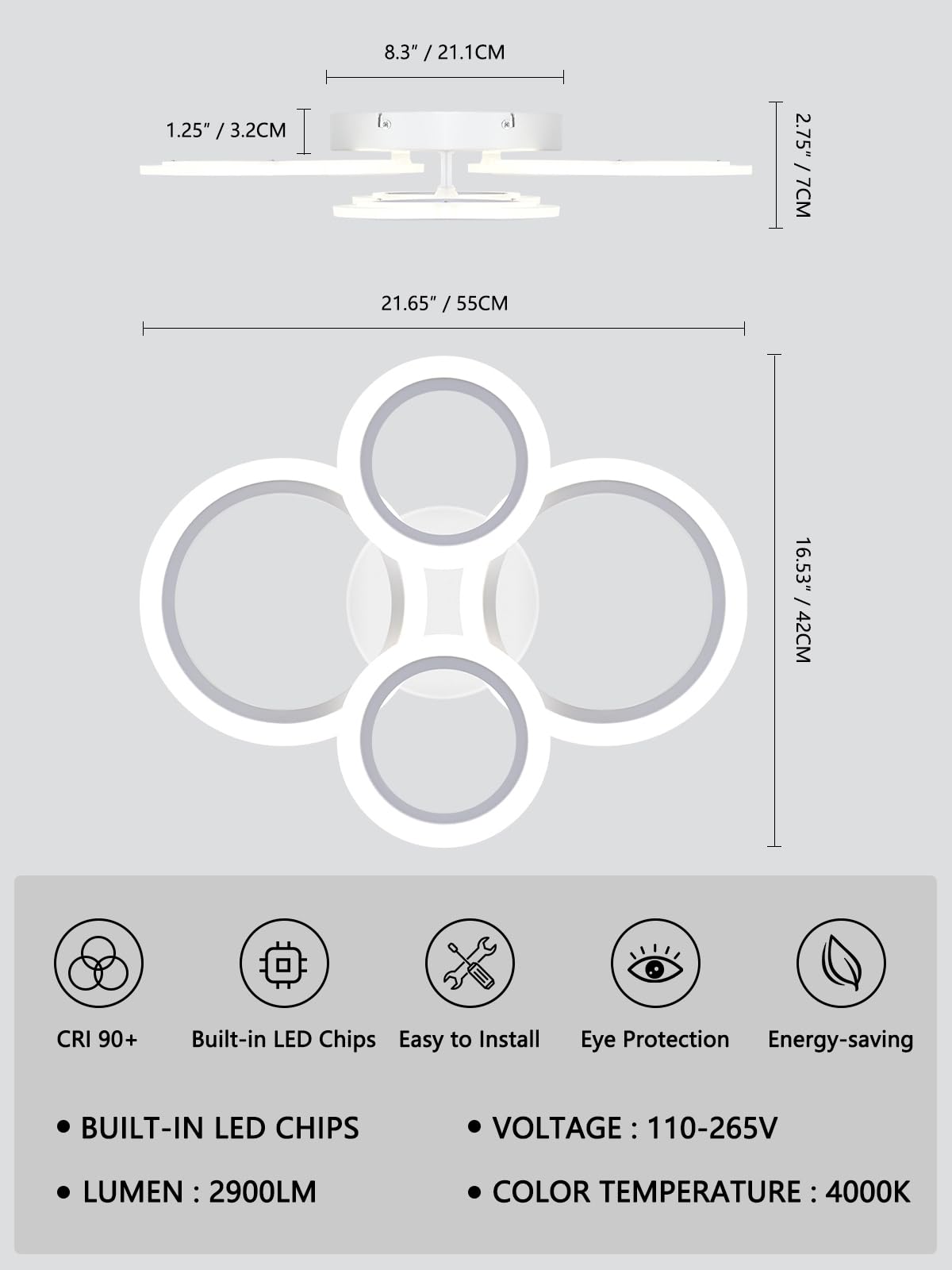 Teminbu Modern Led Ceiling Light, White 4 Rings Flush Mount Ceiling Light, 4000K Lighting Fixture Ceiling Lamp For Kitchen, Bedroom, Living Room, Laundry Room