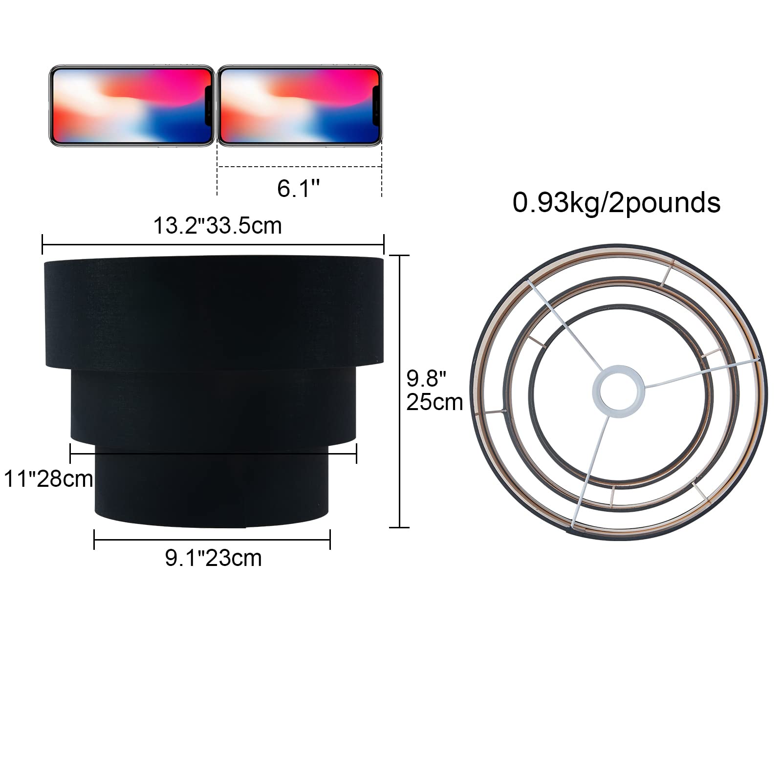 Huoku 3-Tier Drum Black Linen Lampshade For Floor Lamps, Pendant Lighting & Chandeliers