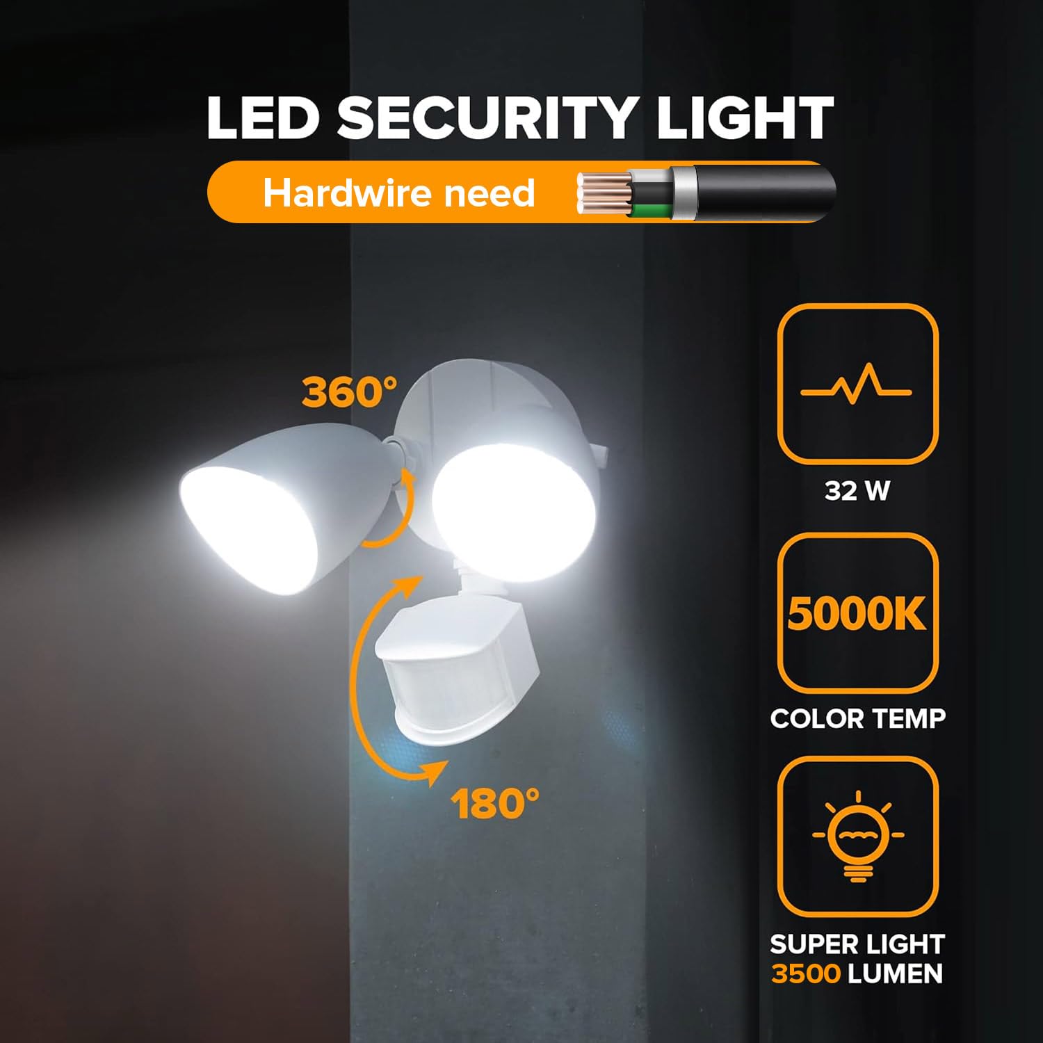 LUTEC Dual-Head 32W LED Security Light - 2500 Lumen, 5000K Daylight, IP54 Waterproof, Motion Sensor, White