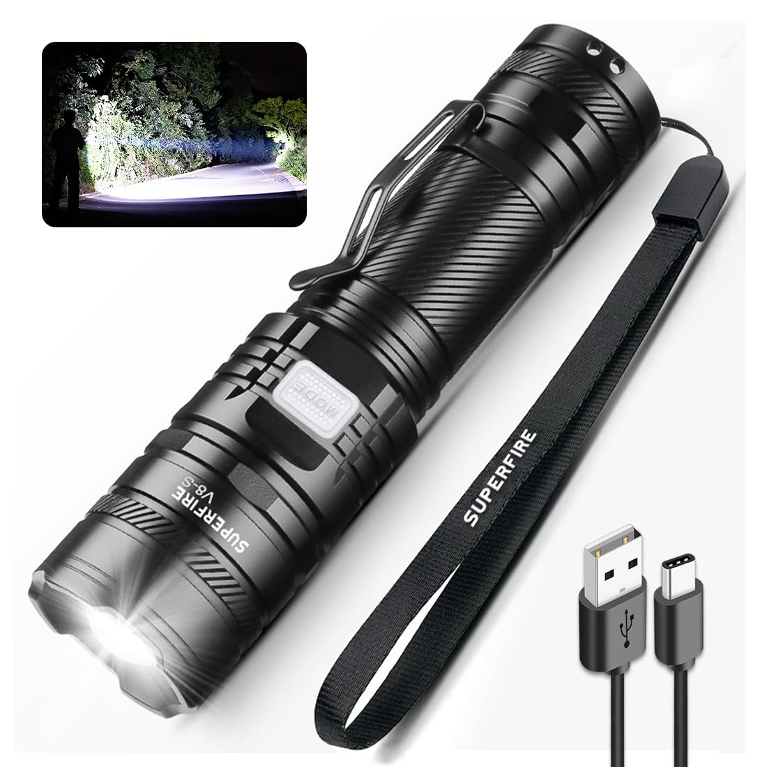 SuperFire Tactical Flashlight - 2300 Lumens Rechargeable LED Flashlight | 5 Modes & Clip | Long-Lasting & Dependable Light for M