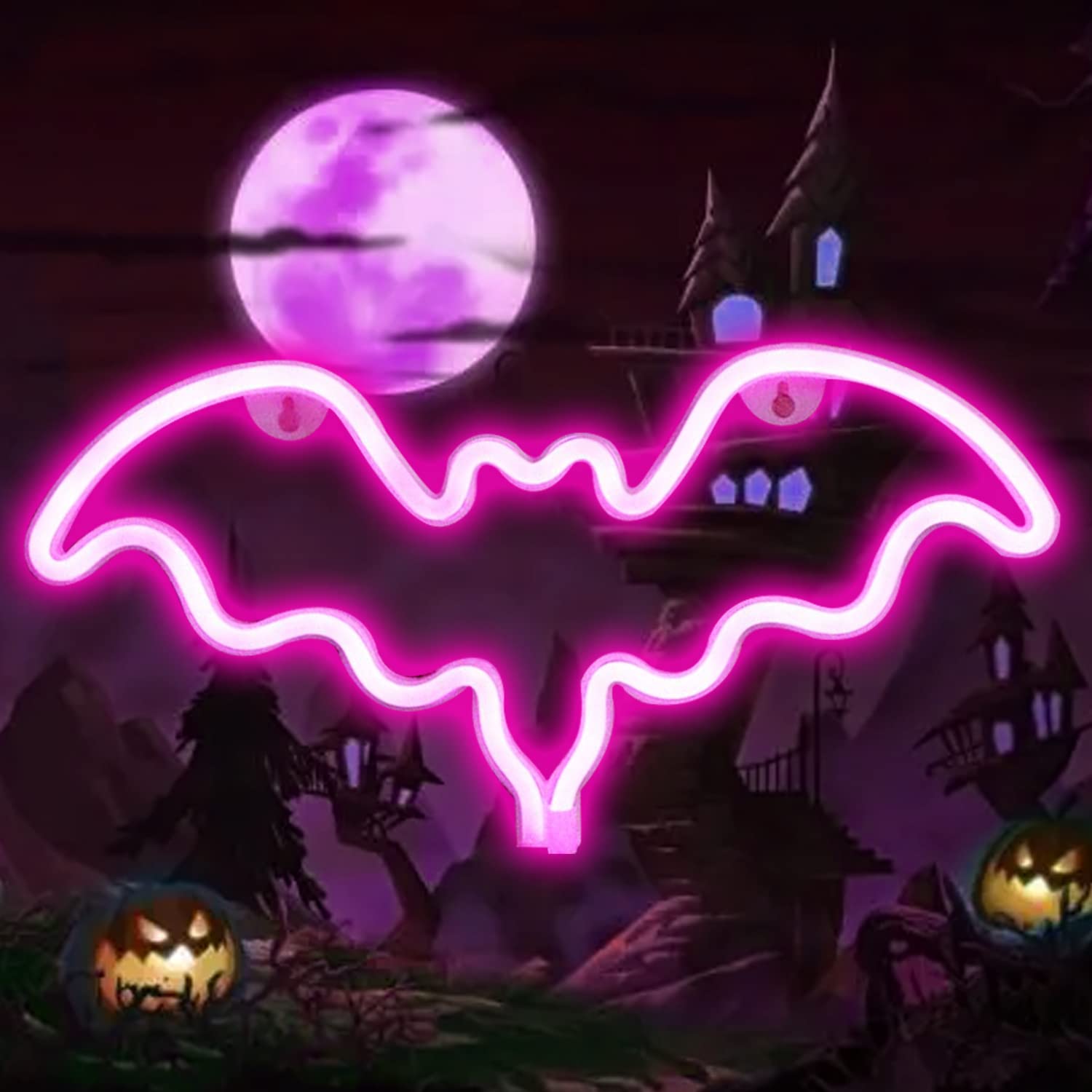 Vicila Pink Led Neon Bat Light - Halloween Decor, Battery Operated Table Lamp For Bedroom & Bar