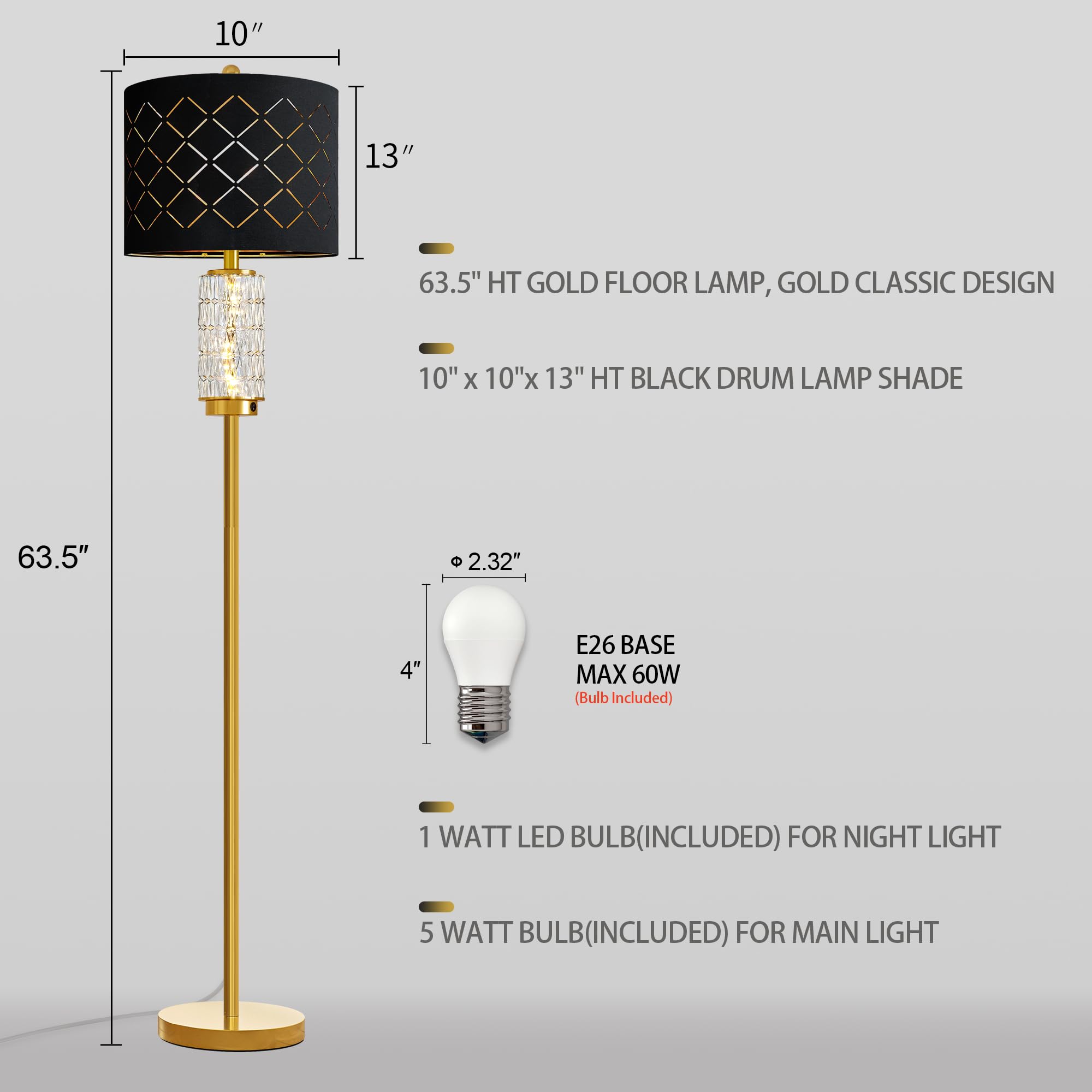 Oneach 63.75'' Floor Lamp For Living Room, Modern Gold Lamp With Led Glass Night Light, Vintage Standing Lamp With Black Drum La
