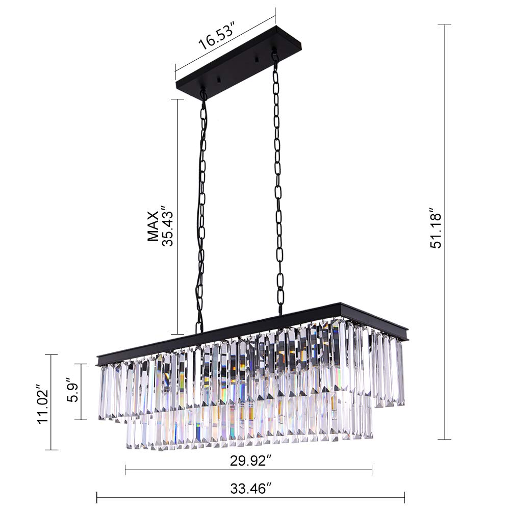 Wellmet Black Crystal Chandelier, 9-Light Farmhouse Fixture, 34.5" Adjustable Metal Ceiling Light for Dining Room, Transparent