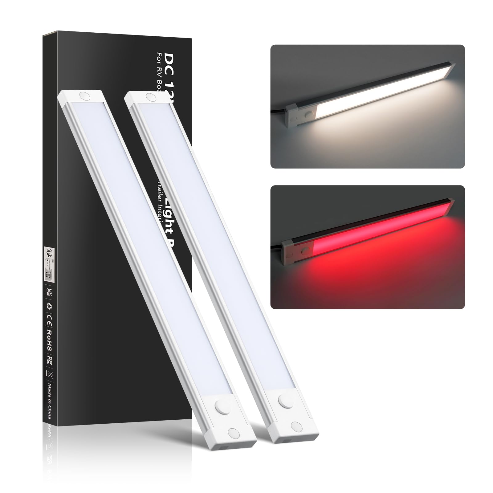 acegoo RV Dimmable Under Cabinet LED Lighting 12V Linear Light Bar with Integral On Off Dimming Switch & Red Night Light  Screw Mount Hard-Wired CRI90+ (12 Inches Natural White 2PCS)