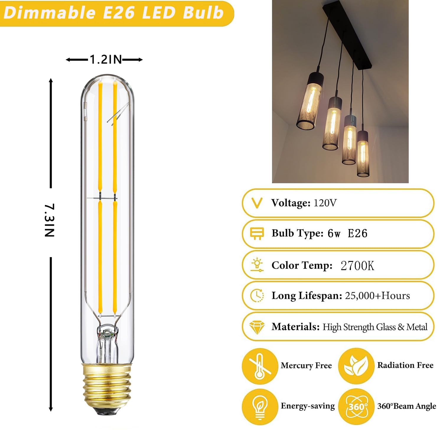 HOMOSUM 7.3 E26 LED Dimmable Bulb, 6W 60W Equivalent, Warm White 2700K, 600LM, T10 for Rustic