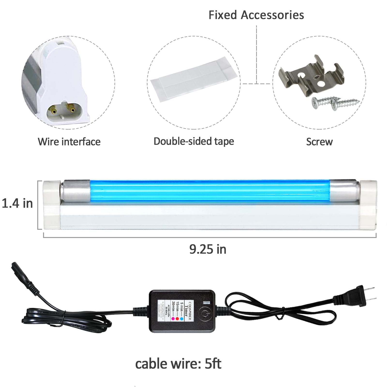 COOSPIDER UV Lamp CTUV-6, 6W UVC Sanitizer with Ozone & Timer, White/Black, Ideal for Closet/Cabinet/Bathroom Odor Removal