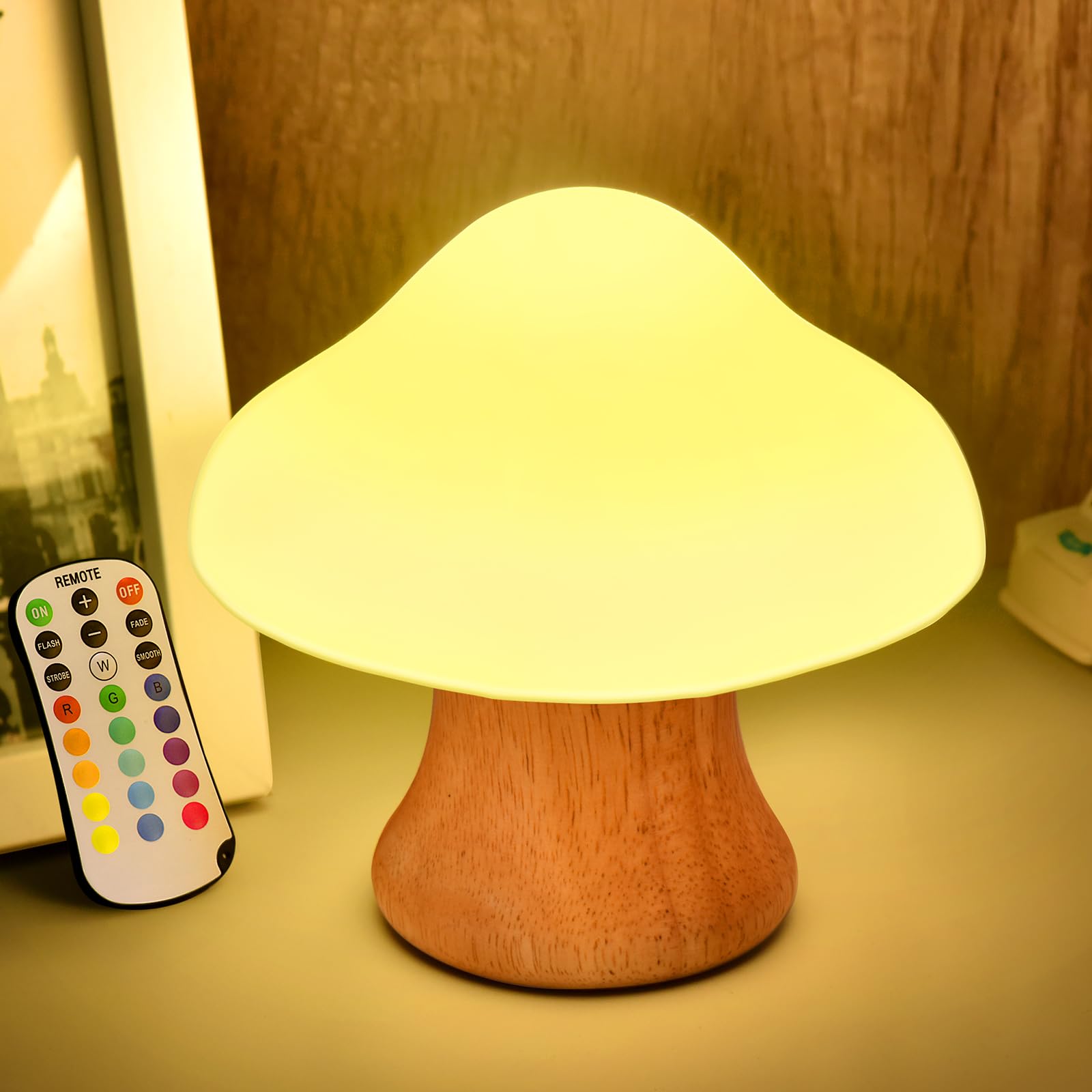Angtuo Wooden Mushroom Lamp, 16 Color Changing Mushroom Night Light, Adorable Mushroom Light With Two Remote Controls