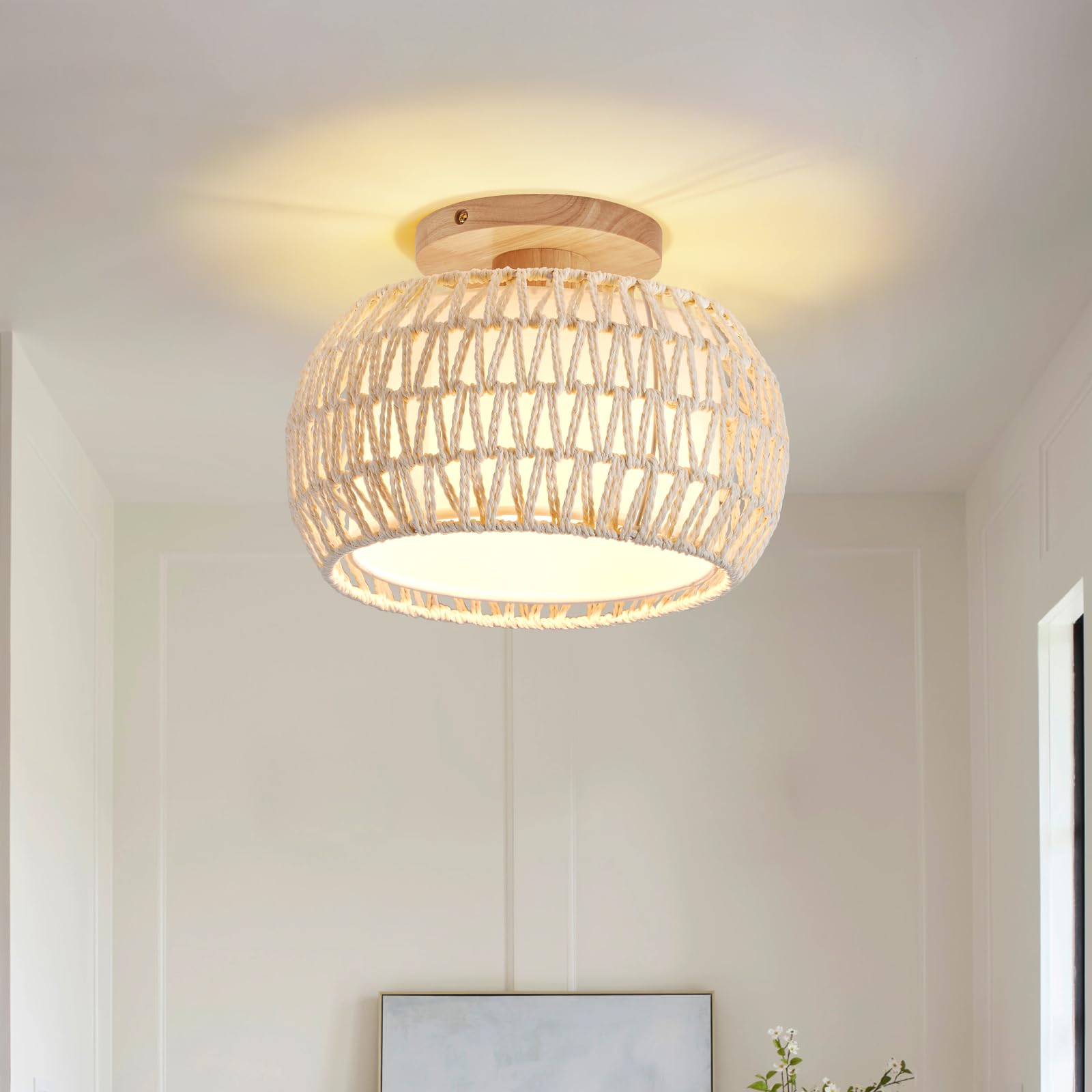 Boho Rattan Ceiling Light Fixture - 3 Style Options Wicker Semi Flush Mount Ceiling Lights Beige Coastal Light Fixtures Bohemian Woven Basket Chandelier for Hallway Bedroom Nursery Kitchen Laundry