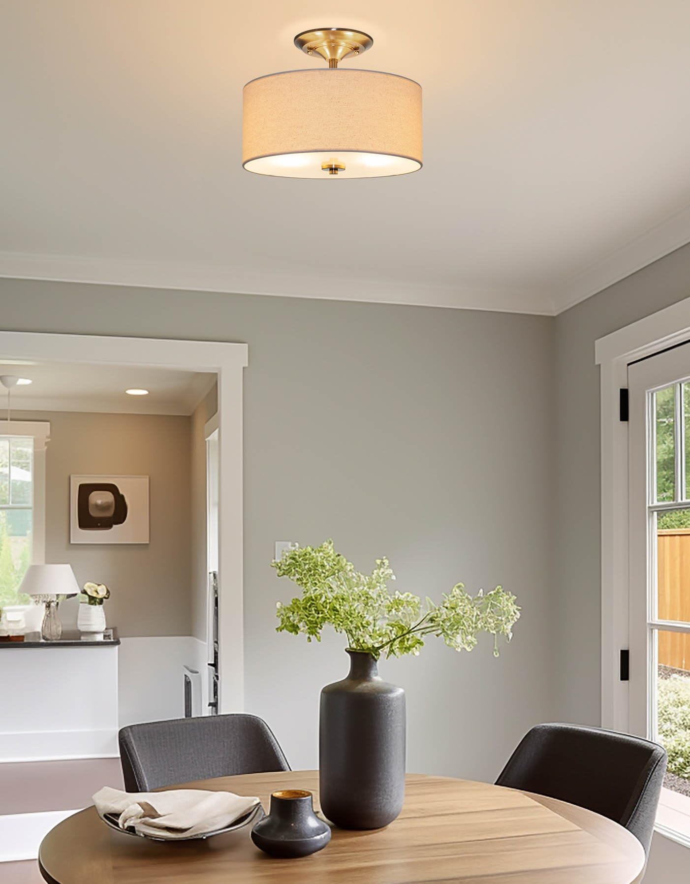 Kira Home 13in 2-Light Semi-Flush Mount Ceiling Light, Off-White Fabric Shade, Cool Brass Finish, Model RV-CSF615-414-CB