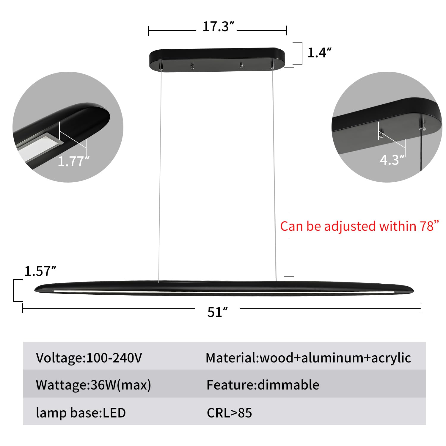 Yisdesign 39'' Wood Led Linear Pendant Light Black Linear Pendant Dinning Room Hanging Lights Led Dimmable Chandeliers 24W For D