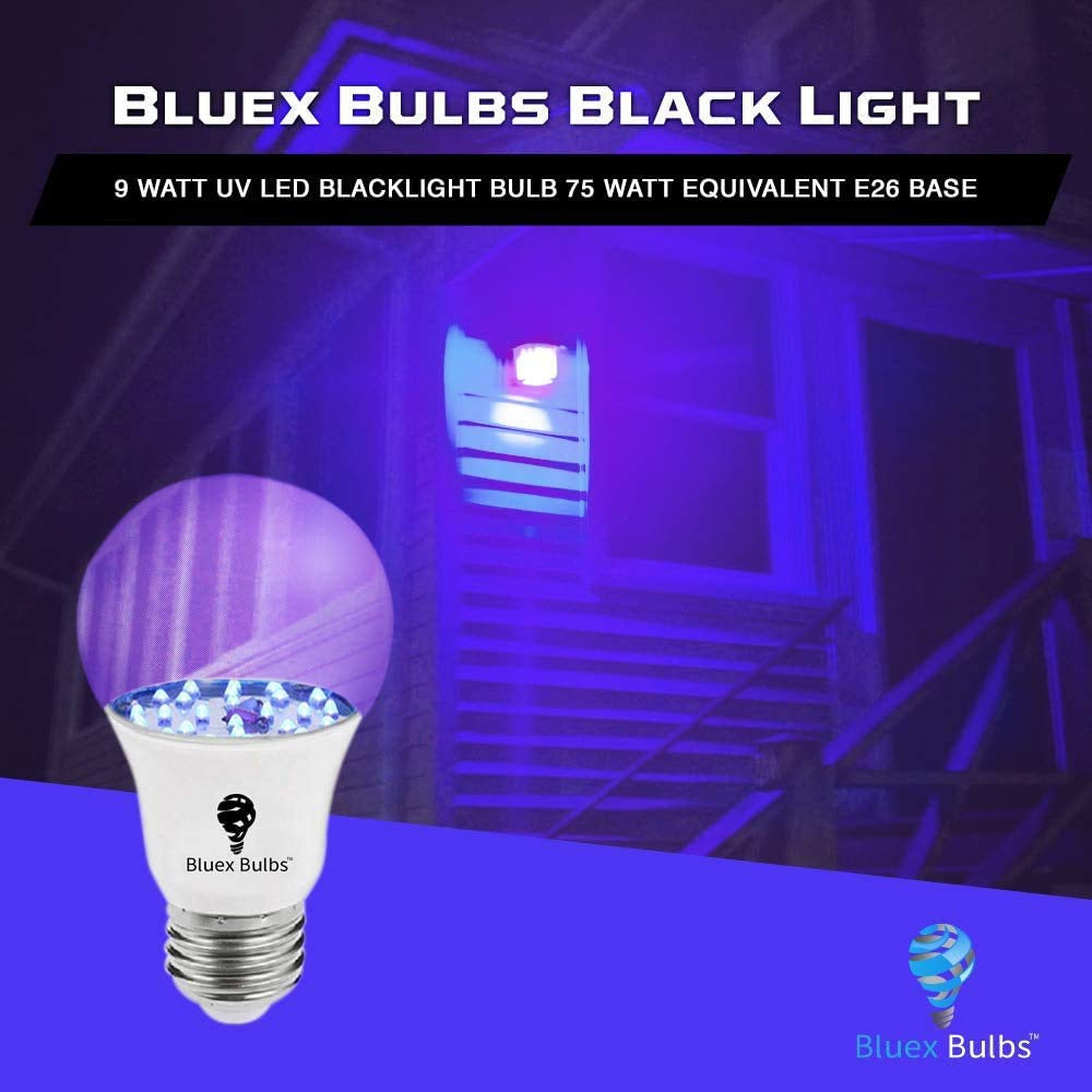 Bluex Bulbs LED Black Light Bulb 9W A19 E26, 385-400nm, 2 Pack, Purple, Model 1487