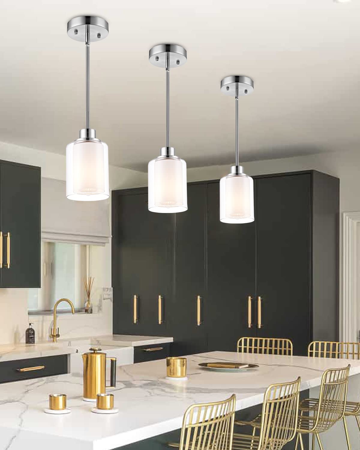 Eidonta 1-Light Mini Pendant Light Fixtures, 2-Pack Modern Hanging Ceiling Light, Adjustable Height, Brushed Nickel Pendant Ligh