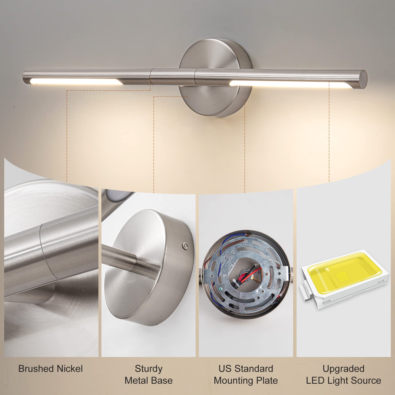 LINSEEDS 24 Inch LED Bathroom Light Bar, 18W Dimmable, 4000K, Nickel, Modern Vanity Fixture, Model RD-7516-2-NK